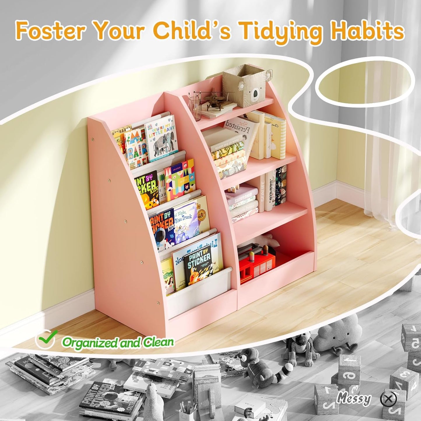 4 Tier Kids Bookshelf Set of 2,4 Layer Sling Kids Book Shelf for Kids Rooms,Wood Children Bookcase,Baby Storage Book Rack,Toddler Bookshelf, Book and Toy Organizer,Book Display Shelf for Nursery