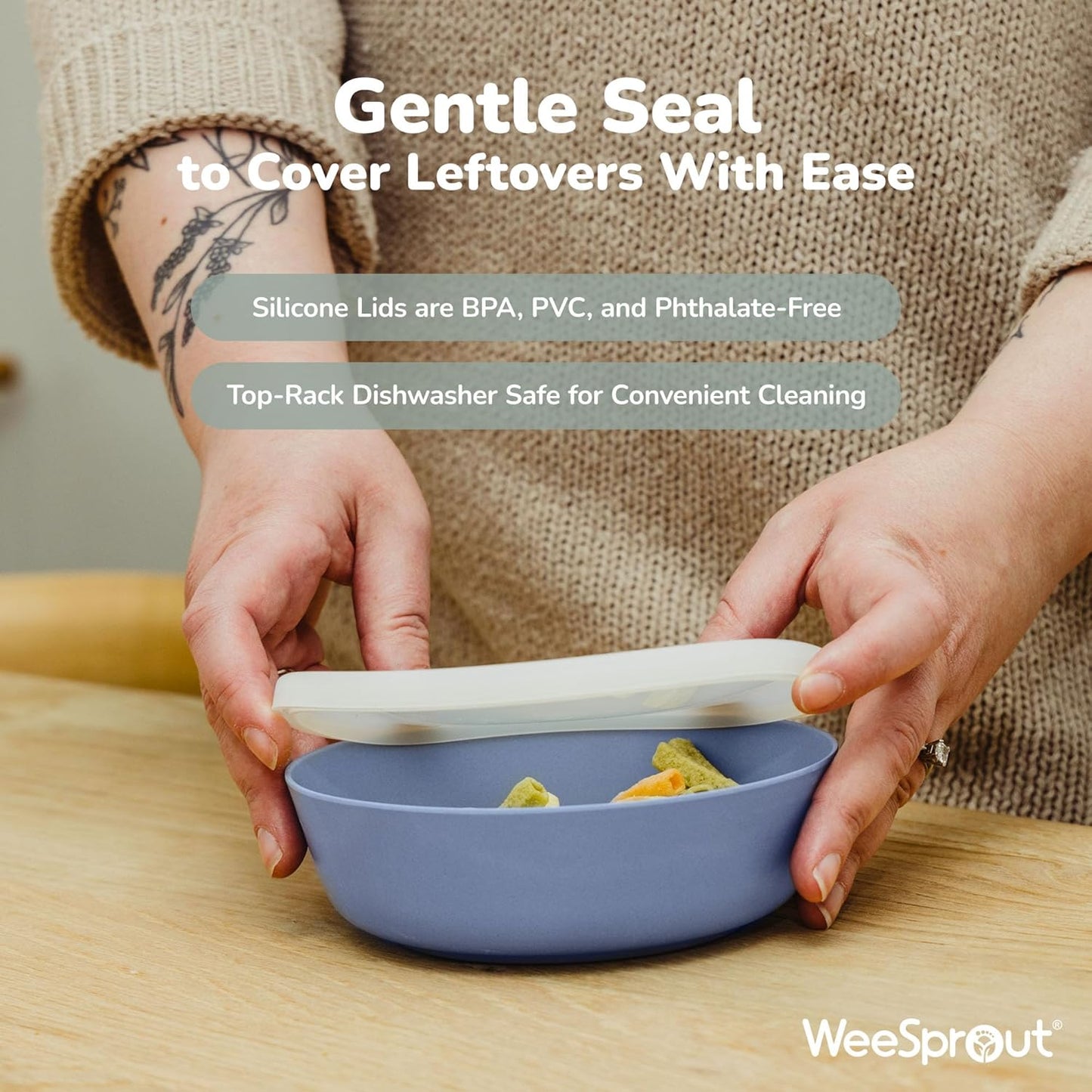 WeeSprout Bamboo Kids Bowls with Lids, Set of Four 10 oz Kid-Sized Dinnerware, Cereal, Leftovers & Snack Bowl, Dishwasher Safe (Blue, Green, Gray, & Beige)