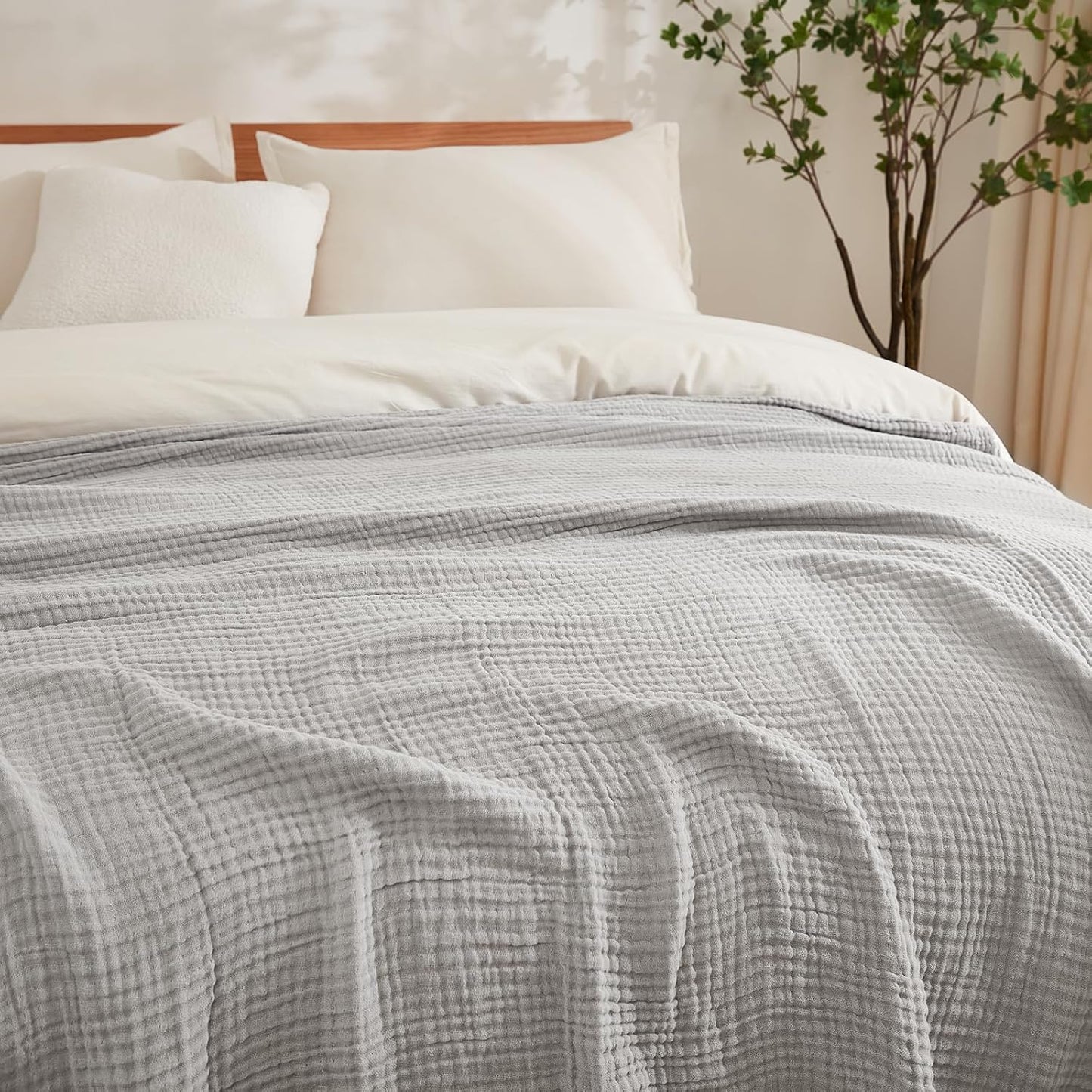EMME Cotton Blanket Twin XL for Bed Soft Muslin Blankets 66"x90" Lightweight Breathable Layering Bedspread Coverlet All Season Gauze, Light Grey
