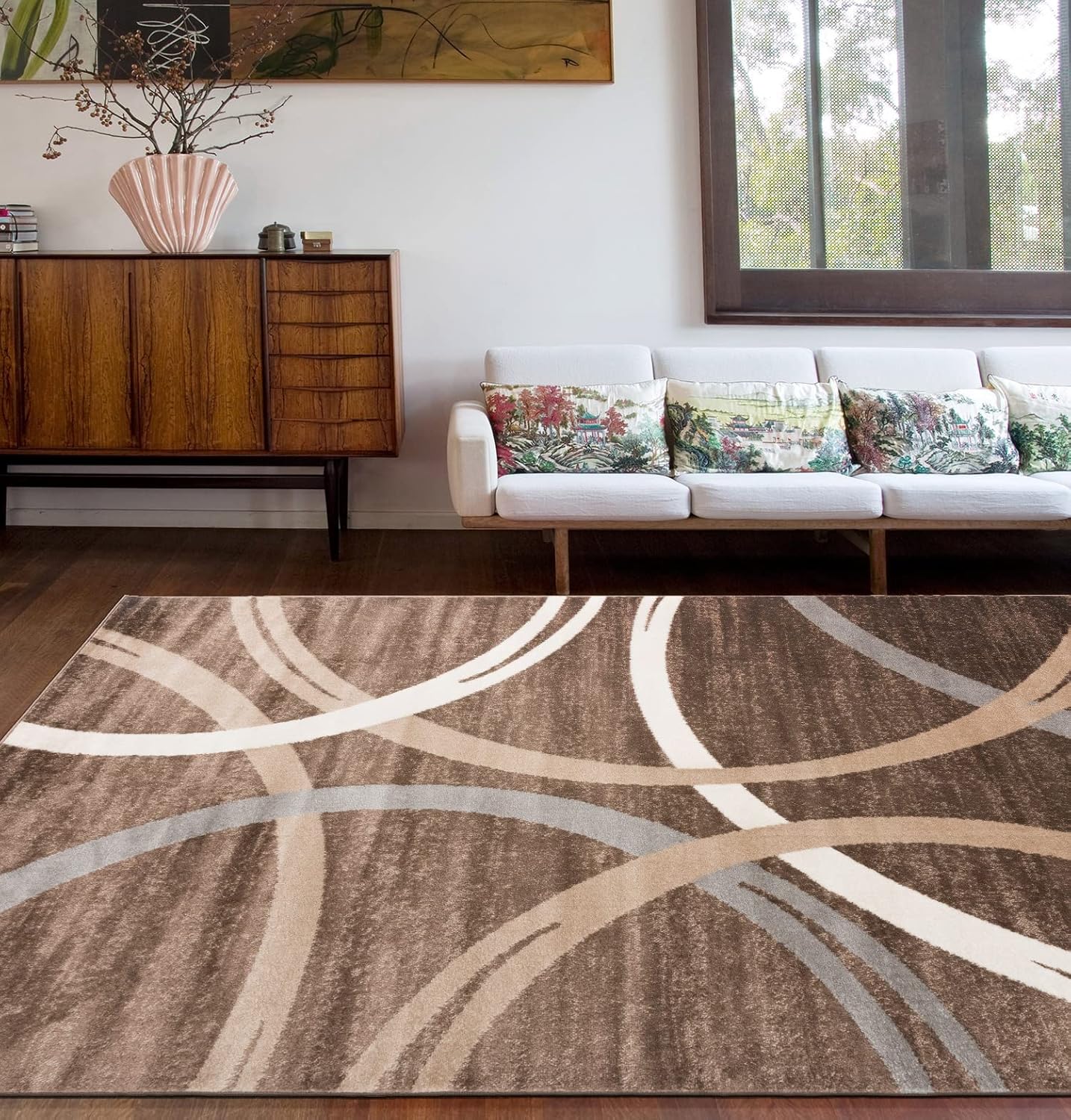 Rugshop Modern Wavy Circles Design Area Rug 6'6" x 9' Brown