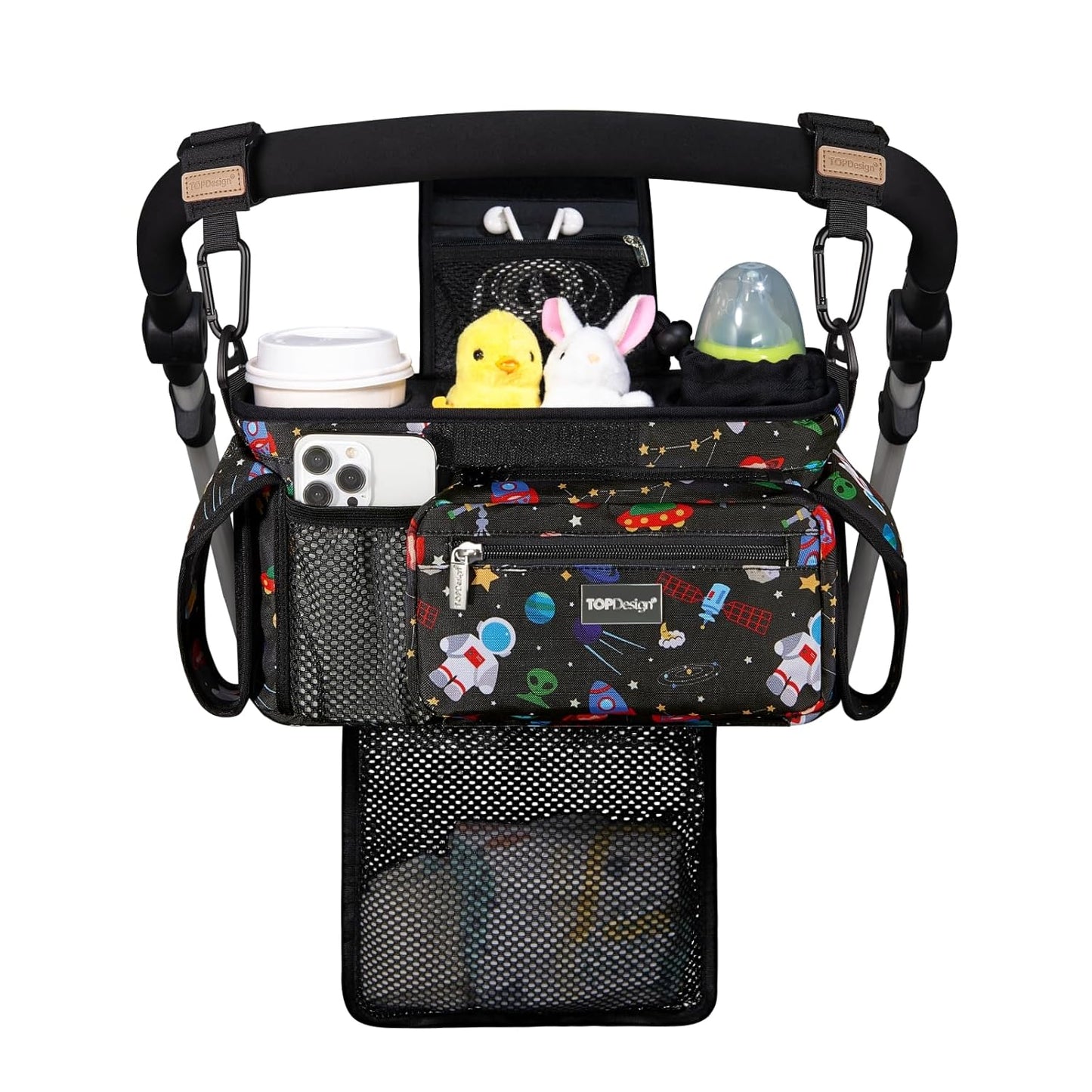 TOPDesign Universal Baby Stroller Organizer, Stroller Caddy with Detachable Mesh Bag & Heightened Insulated Cup Holders & Non-Slip Secure Hooks Accessories, Fits Most Strollers (Space Exploration)