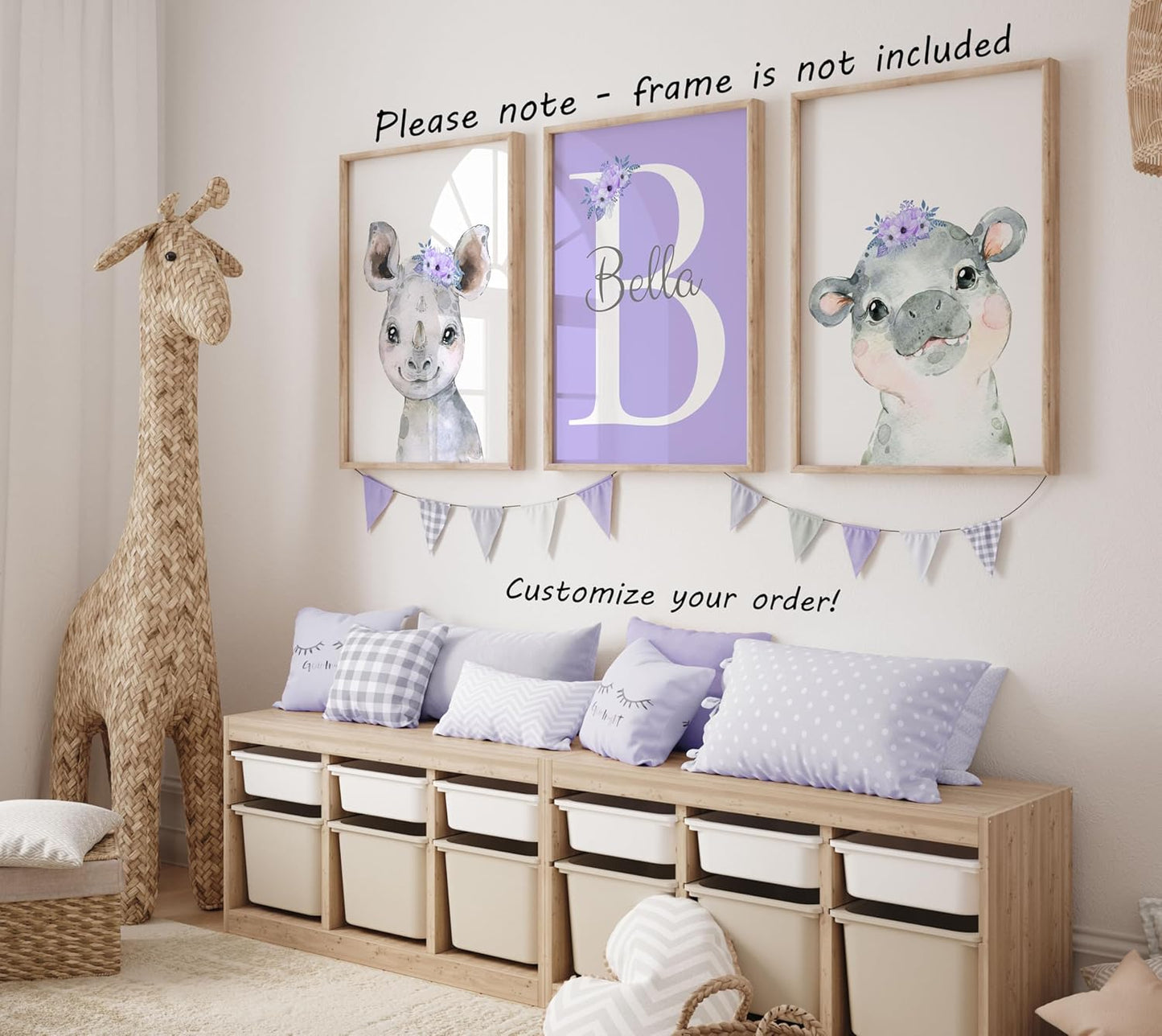 Personalized Safari Animals for Baby Girls Nursery, Set of 3 Unframed Poster Prints, Personalized Name Pink Lilac Floral, Girls Bedroom Decor, Elephant Giraffe (8x10)
