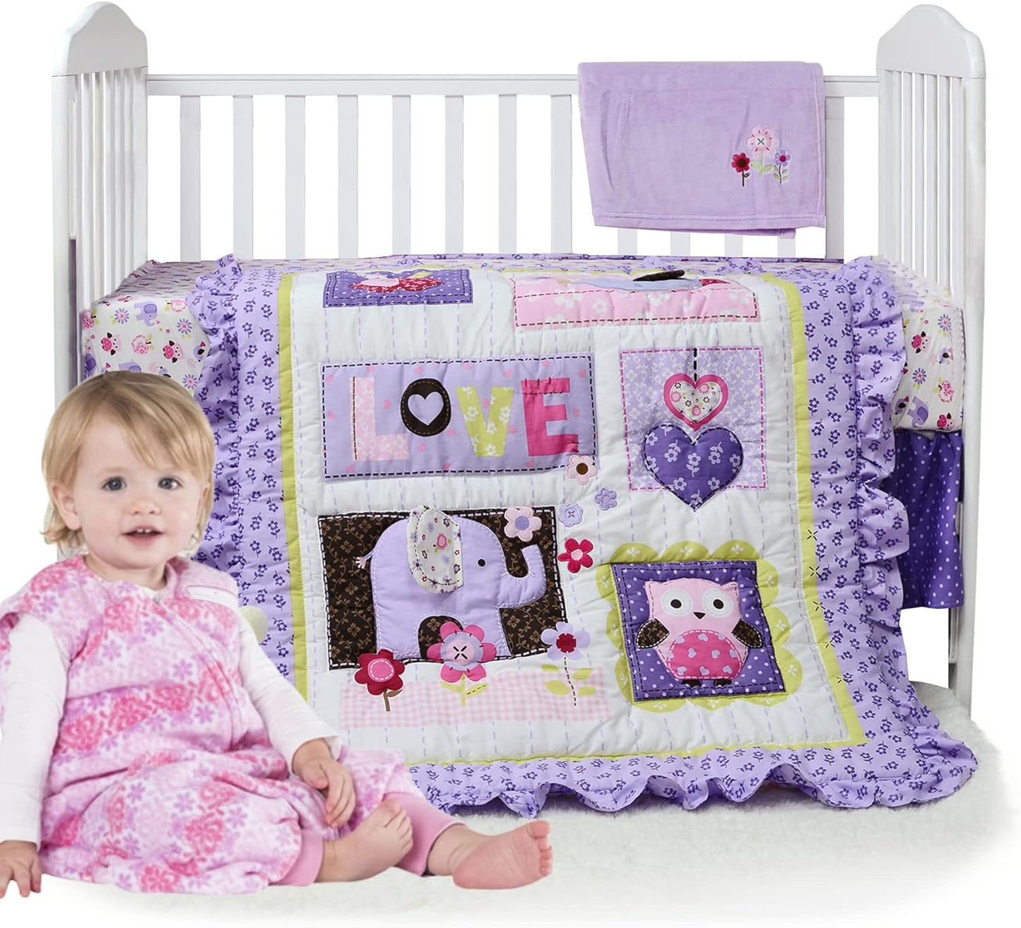 Brandream Crib Bedding Set 3 Pieces Purple Baby Girls Cotton Patchwork Flowers Elephant Owl Nursery with Ruffle Design, Princess Lovely Cute Breathable Healthy
