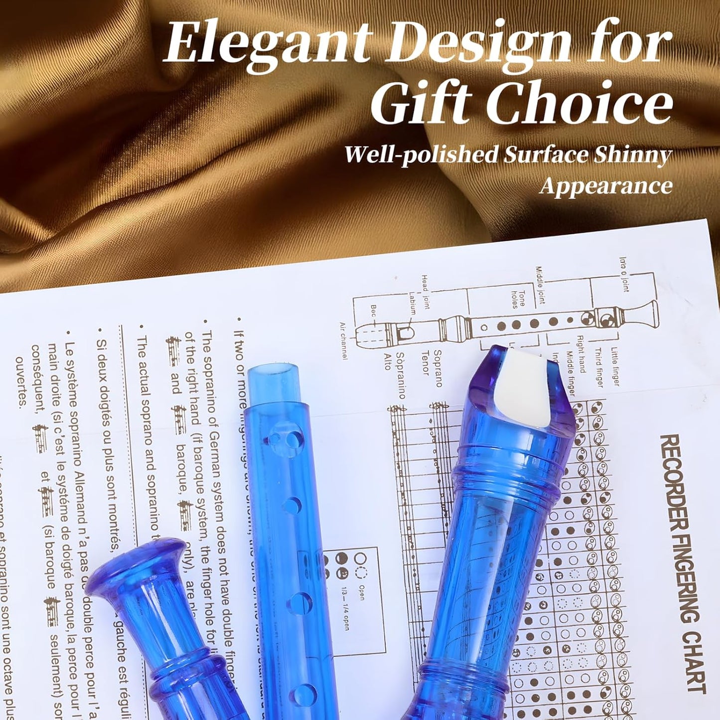 Soprano Recorder for Kids Beginners, German Fingering, C Key, 3 Piece with Cleaning Rod, Bag, Fingering Chart (Crystal Blue)…