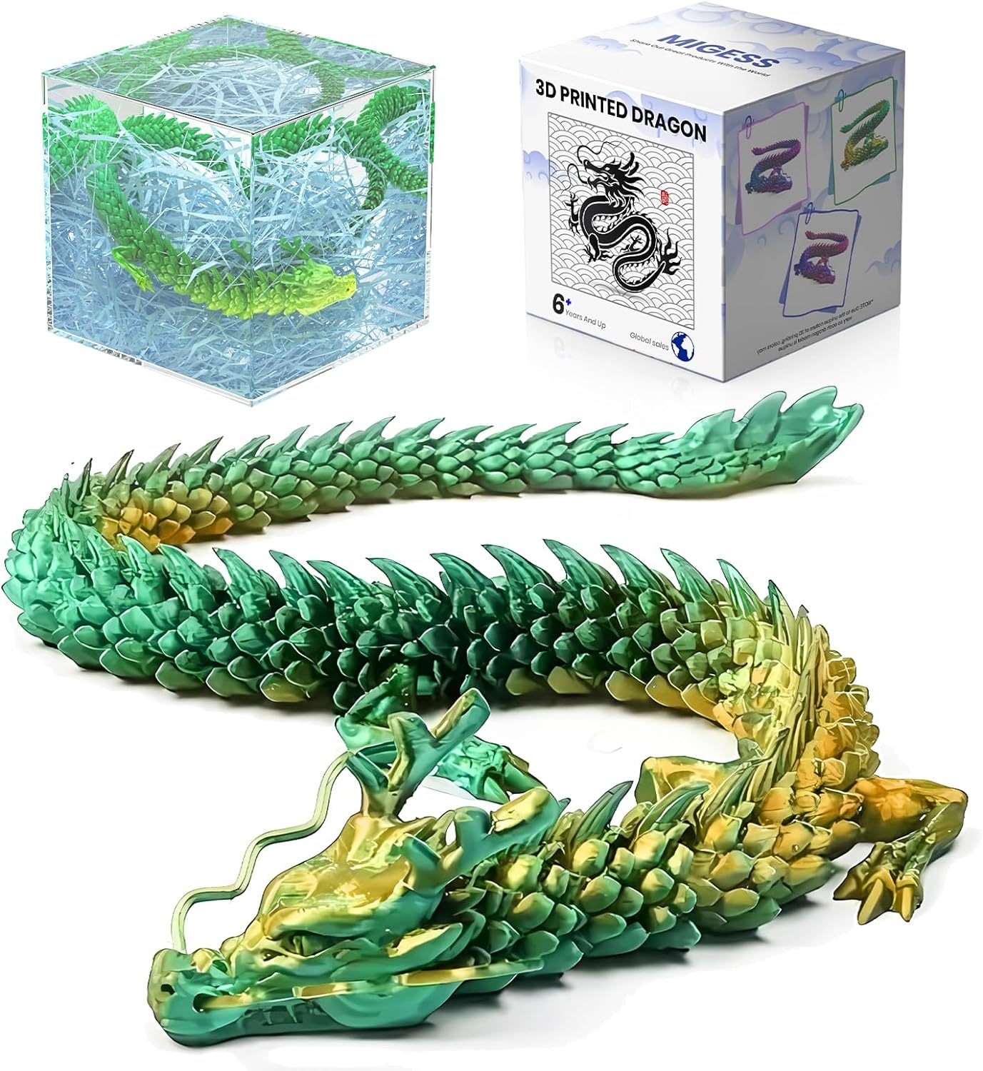 3D Printed Dragon,Chinese Dragon,Dragon Statue,Fidget Toys ,18 in,Fidget Toys for Autism/ADHD,3D Printed Gift Toy, Executive Desk Toys,Home Office Decor (Yellow Green)