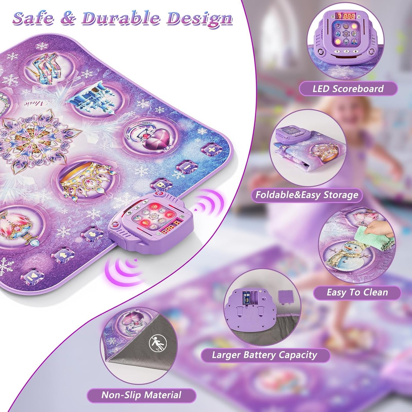 Dance Mat Toy for 3-12 Year Old Girls, Electronic Dance Pad with Wireless Bluetooth,Frozen 8-Button Music Princess Toys Play Mat for Kids with LED Light, Built-in Music, Toddlers Birthday Gift Ages 3+
