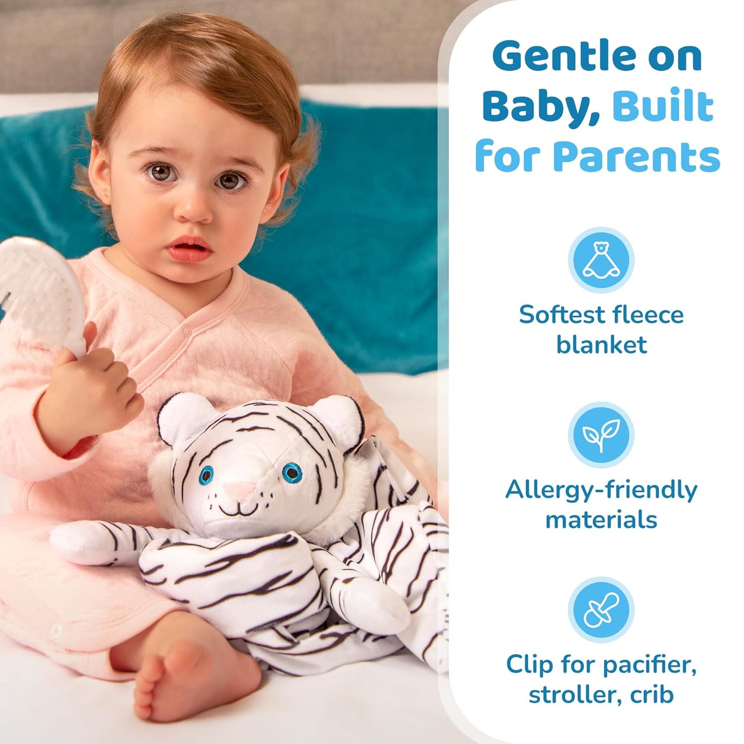 Love By Emi Baby Music Lovey White Tiger, Baby Sleep Soother for Crib & Cuddle Bedtime, White Noise with a Heartbeat & Lullaby, Plush Sound Machine Toy, Stuffed Animal for Newborns, Infants & Toddlers