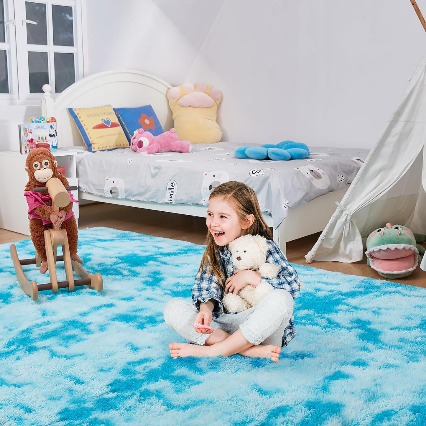 Ultra Soft Rug for Living Room, 8X10 Fluffy Shag Area Rug for Bedroom, Modern Shaggy Carpets Fuzzy Rug for Teens Dorm Nursery Home Decor Aesthetic, Upgrade Anti-Skid Durable, Tie-Dyed Blue