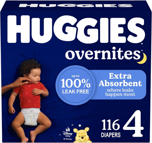 Huggies Size 4 Overnites Baby Diapers: Overnight Diapers, Size 4 (22-37 lbs), 116 Ct (2 Packs of 58), Packaging May Vary