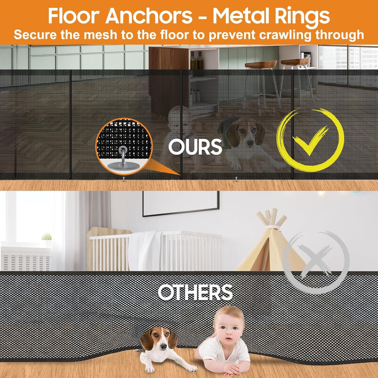 Retractable Baby Gates - 200" Extra Wide Retractable Dog Gate, 42" Extra Tall Mesh Gate Pet Gate with Support Rods, Long Child Safety Gate for Stairs Doorways Indoor Outdoor Large Openings - Black