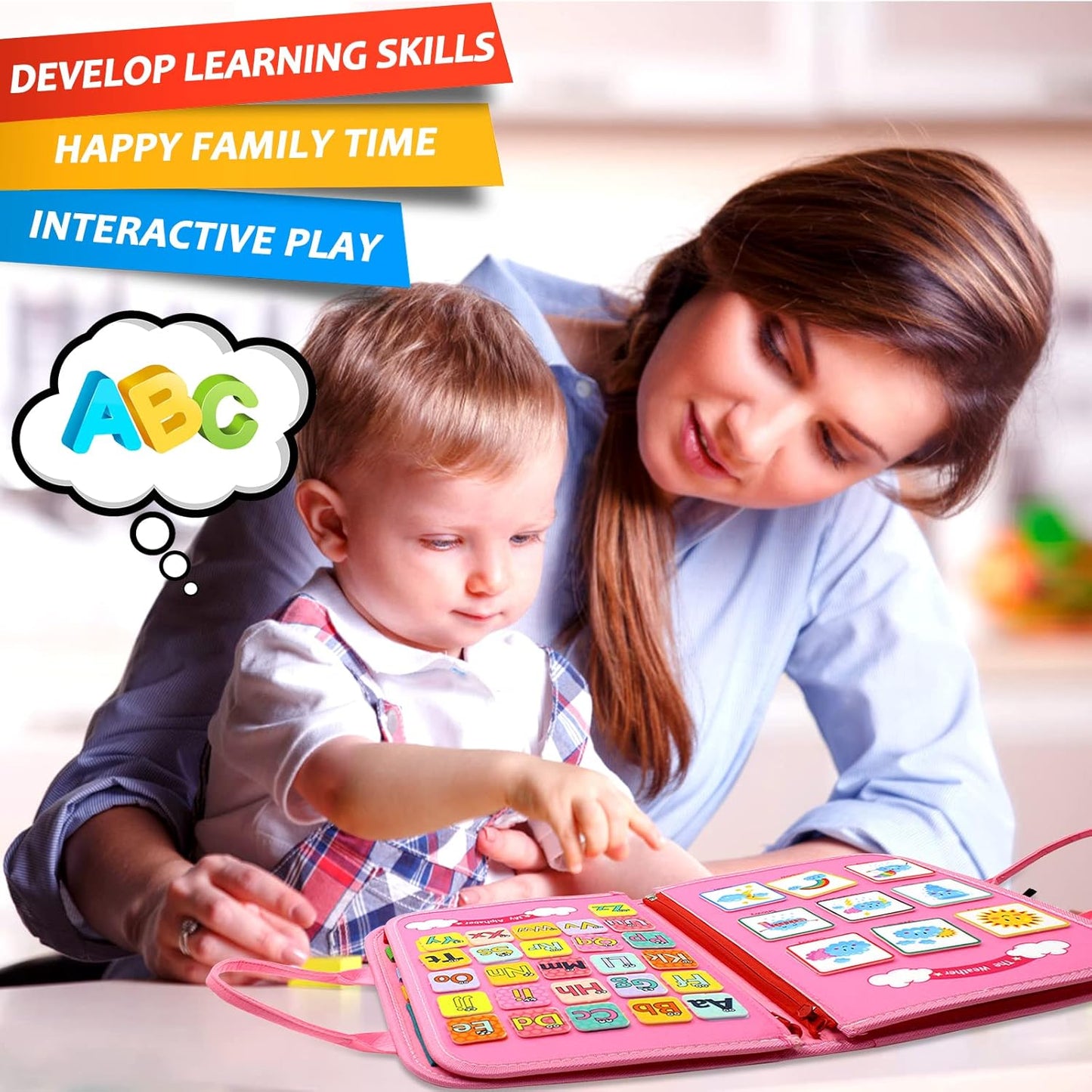 Qizfun Busy Board Montessori Toy for 1 2 3 4 Years Old, Educational Activity Sensory Board Preschool Learning Fine Motor Skills Toys, Toddler Travel Toy for Plane Car, Gift for Boys Girls (Pink/P4)