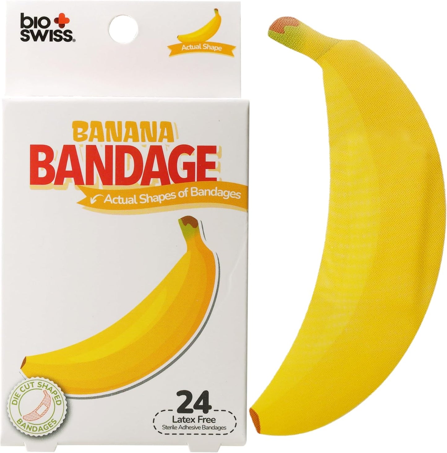 BioSwiss Bandages, Banana Shaped Self Adhesive Bandage, Latex Free Sterile Wound Care, Fun First Aid Kit Supplies for Kids, 24 Count
