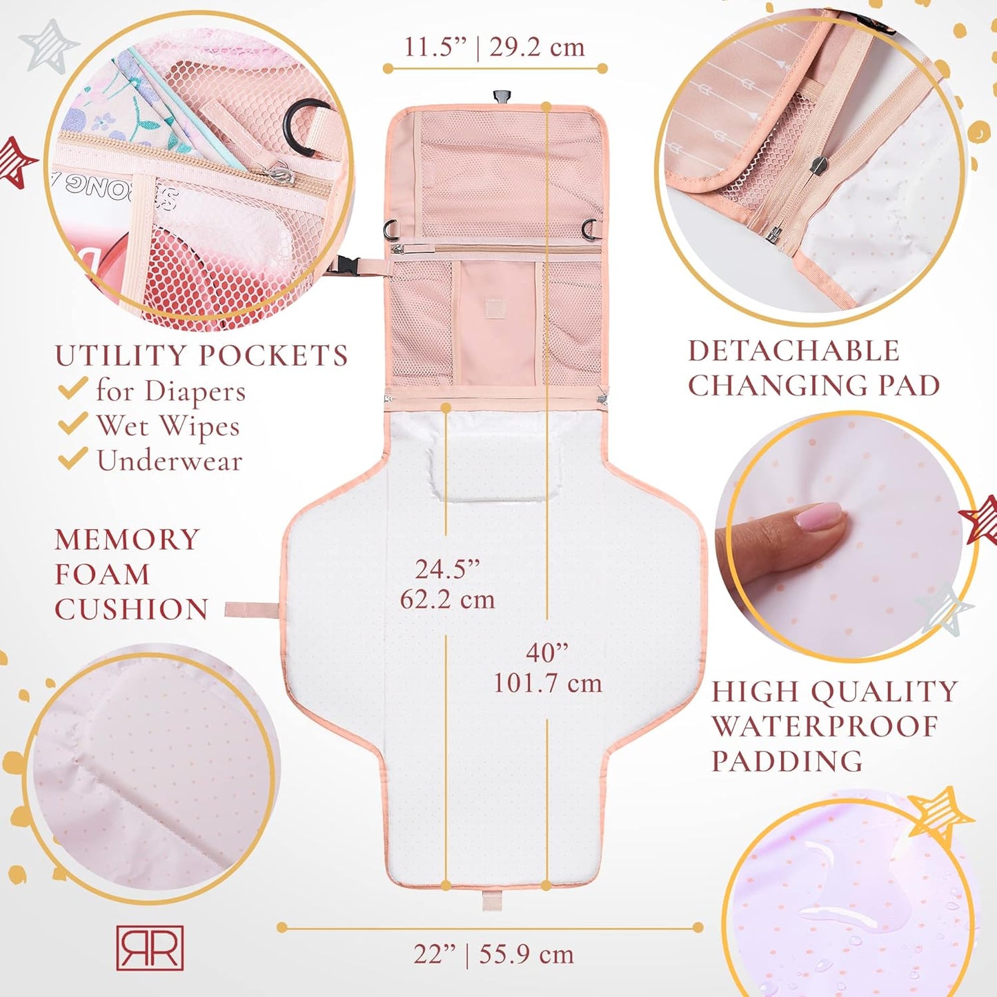 Premium Portable Diaper Changing Pad – CPC Certified Waterproof 2-in-1 Diaper Clutch & Changing Mat with Head Cushion – Bonus Insulated Bottle Bag – Travel Kit Gift for Baby Girls & Boys (Peach)