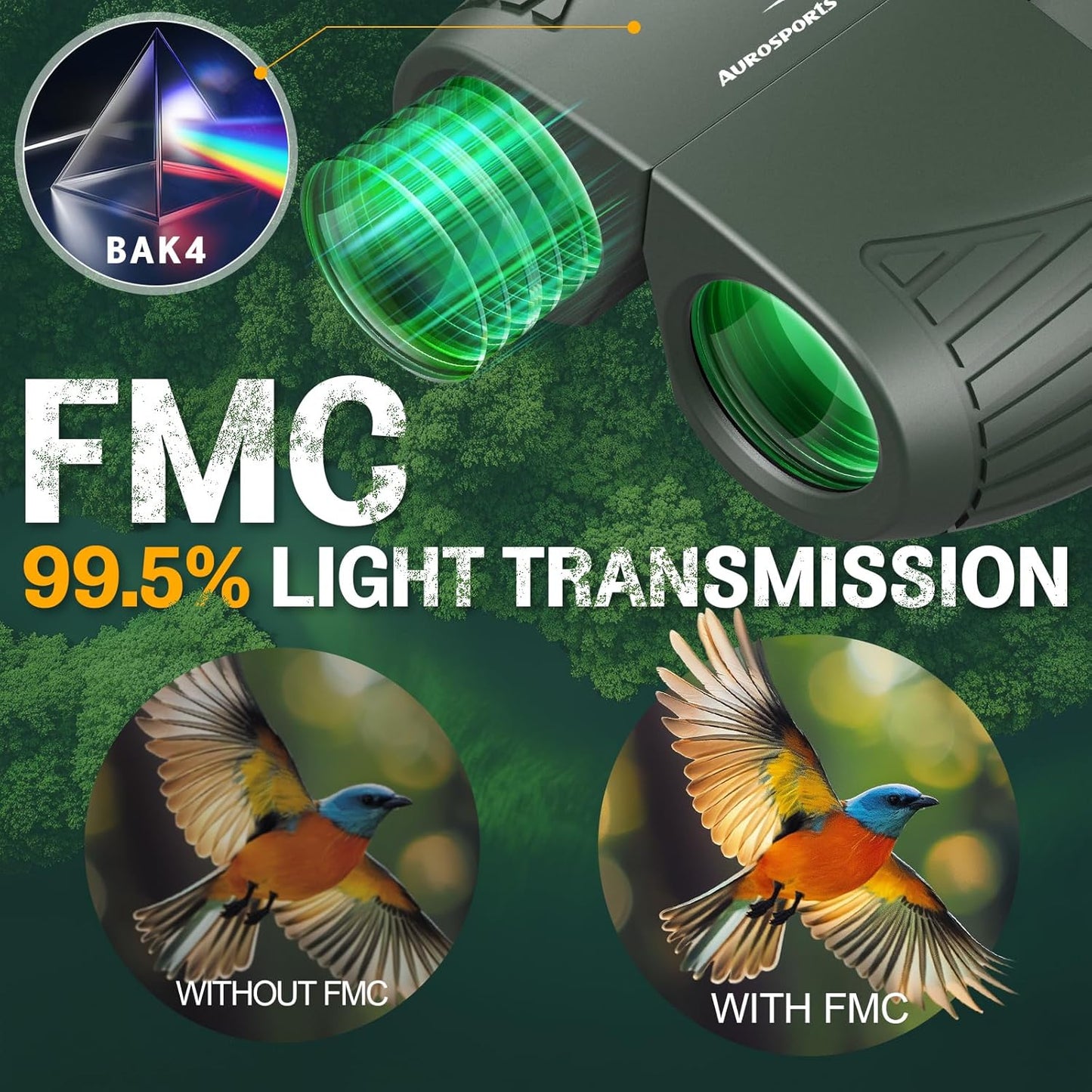 Aurosports 15x25 Compact Binoculars for Adult Kids - High Power Binoculars for Bird Watching - Easy Focus Small Binocular with Low Light Vision for Travel, Camping, Concert, Hiking -Green