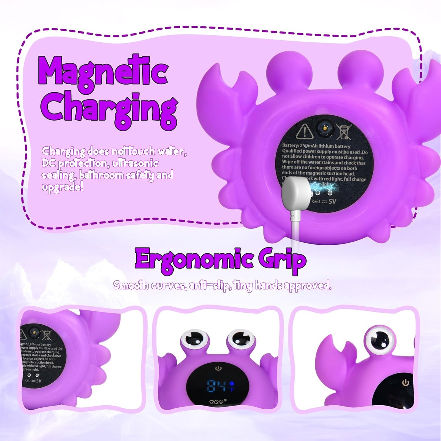 TKY Baby Bath Thermometer with Floating Toys & Room Temperature Monitor - Rechargeable Digital Thermometer with Temperature Alerts, Bath Essentials for Newborns, Infants Crab (Purple)