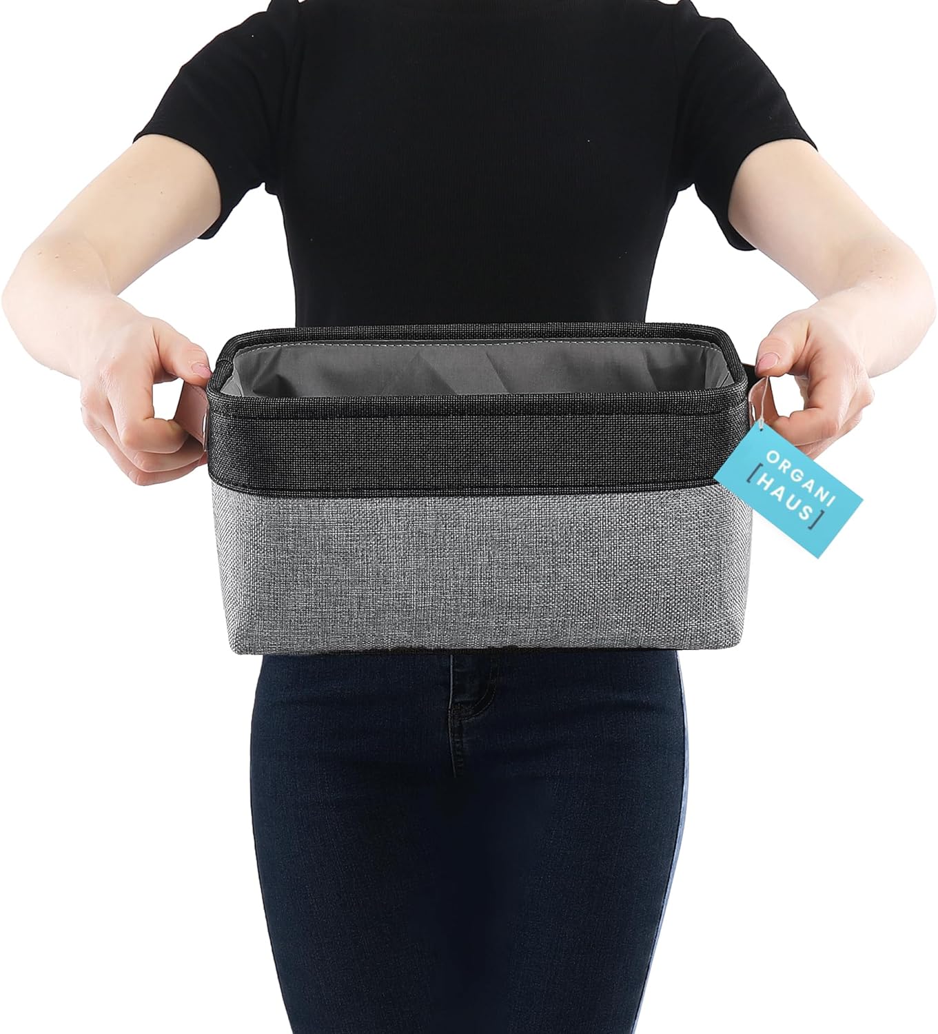 OrganiHaus Small Fabric Storage Baskets for Shelves 6 Pack, 12x8in Closet Storage Bins for Shelves, Cloth Baskets for Organizing, Linen Closet Organizers, Fabric Basket, Gray/Black