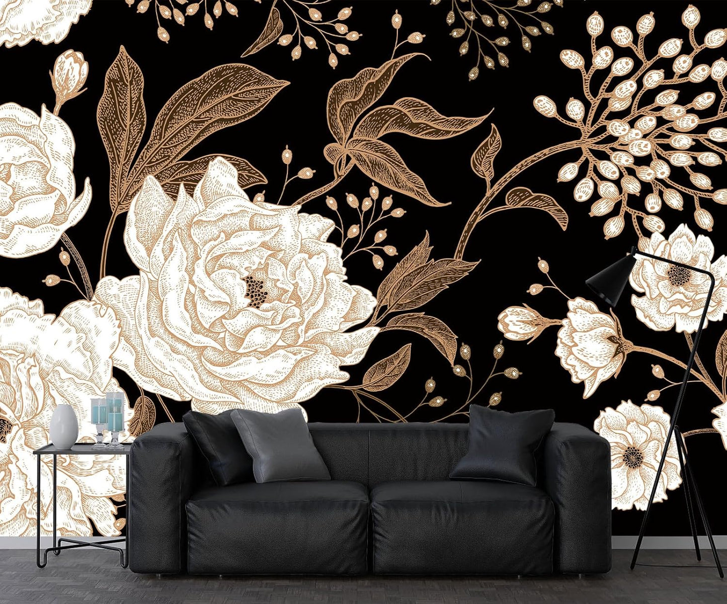 Vintage White Rose Floral Wallpaper Peony Wall Mural Large Black Background Wall Decor for Living Room Bedroom Dining Room Basement(Not Self-Adhesive)