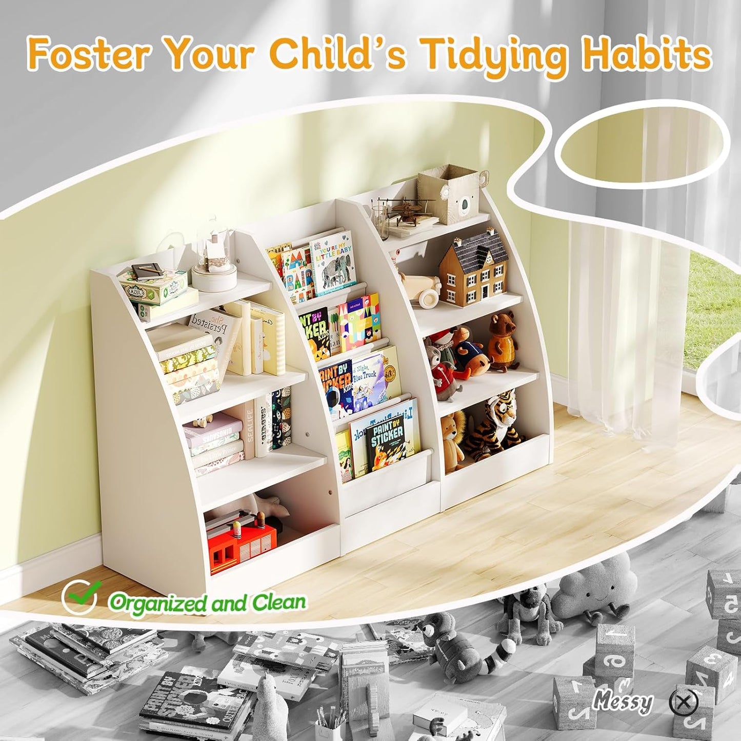 4 Tier Kids Bookshelf Set of 2, 4 Layer Sling Kids Book Shelf for Kids Rooms, XL Wood Children Bookcase,Baby Storage Book Rack,Toddler Bookshelf, Book and Toy Organizer,Book Display Shelf for Nursery