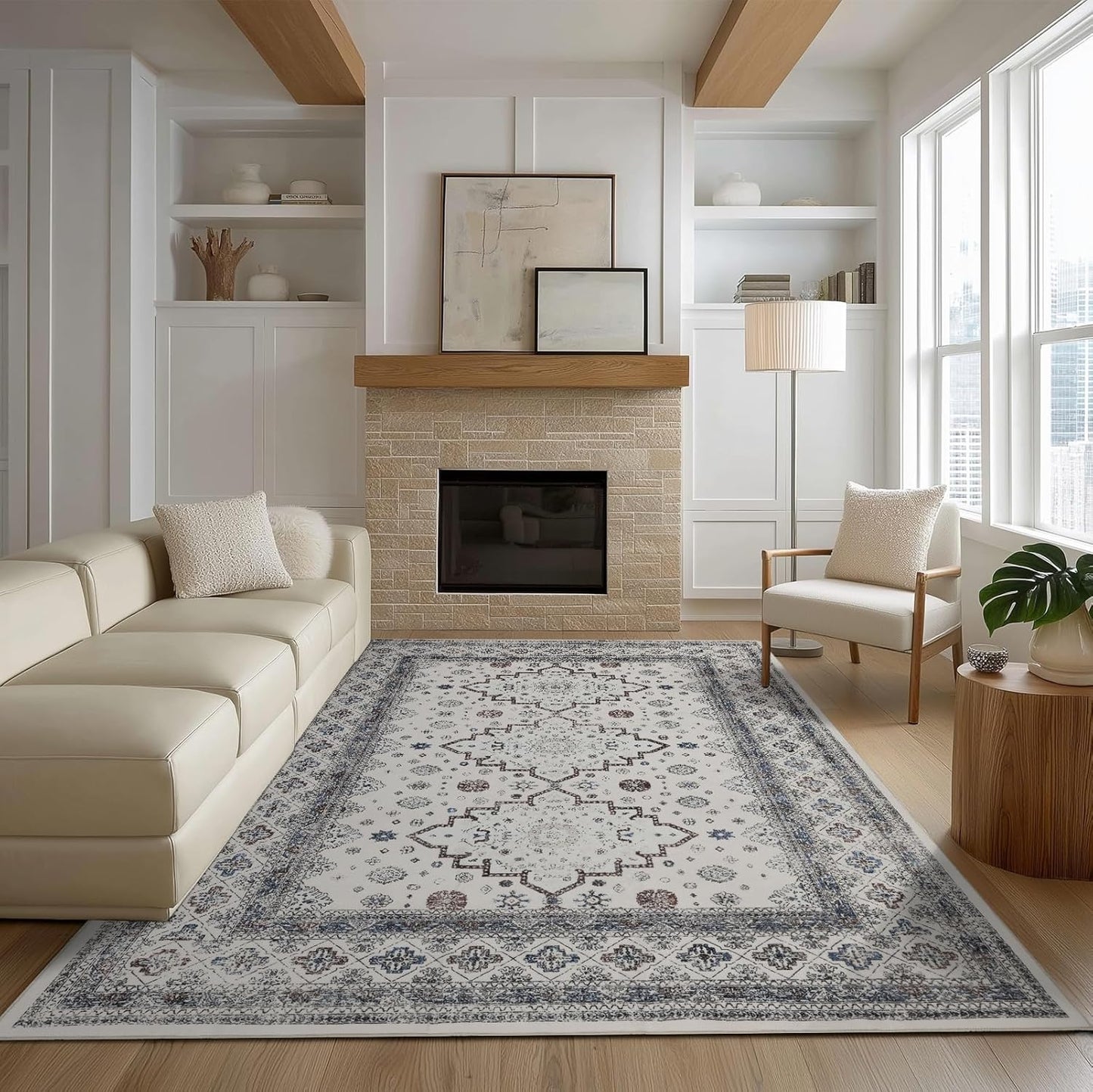 9x12 Area Rug Living Room Rugs, Stain Resistant Washable Rug, Vintage Large Non-Slip Backing, Low Pile Lightweight Print Rug for Bedroom Dinning Room Home Office (White Cream/Gray)