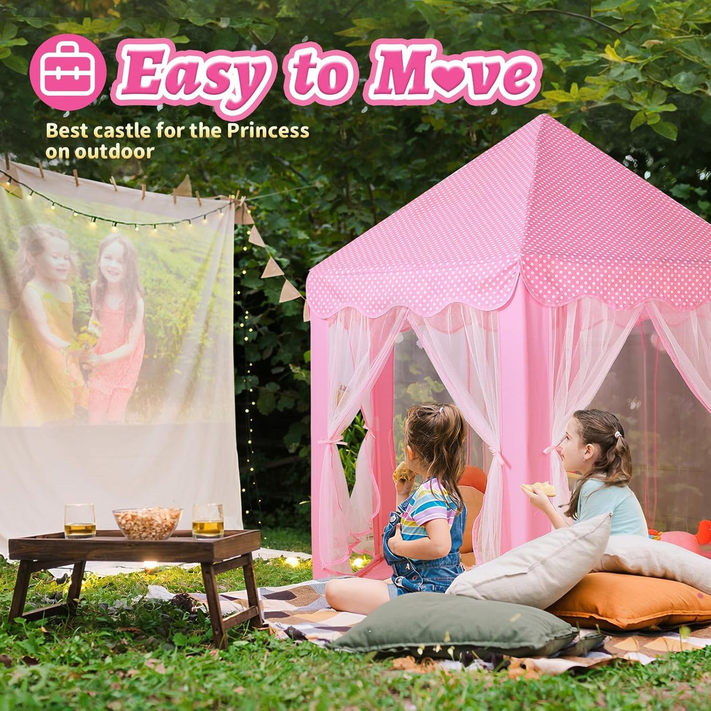 Monobeach Princess Castle Play Tent for Girls - Large 55'' x 53'' Playhouse with Star Lights for Indoor and Outdoor Play