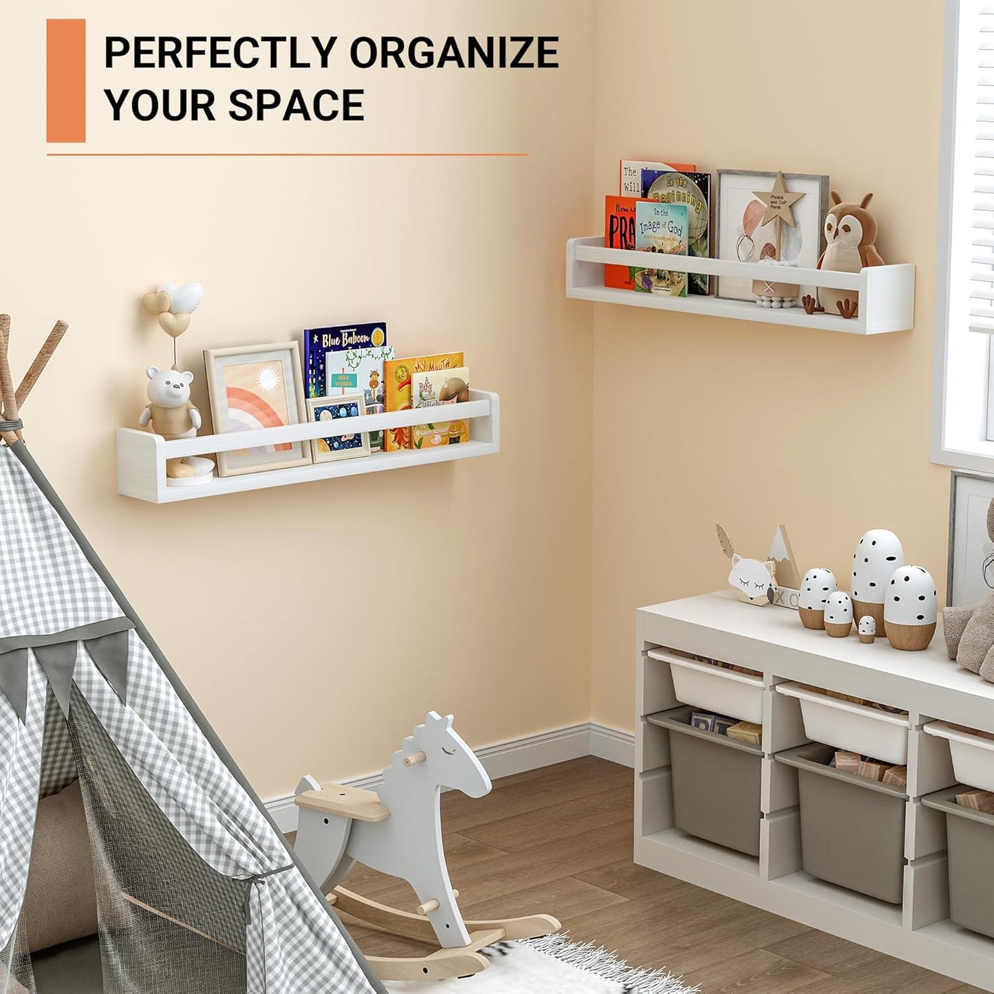 Heimlove Nursery Floating Shelves, White Nursery Book Shelves for Wall, 24 inch Wall Bookshelf for Kids Solid Wood Wall Mounted Shelves for Books,Toys and Decor Storage, Set of 3