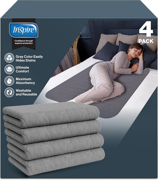 Inspire Underpads | Stain Hiding Gray Reusable Incontinence Bed Pads | Waterproof Mattress Pad | for Adults Babies and Dogs (34 X 36 - 4 Pack)