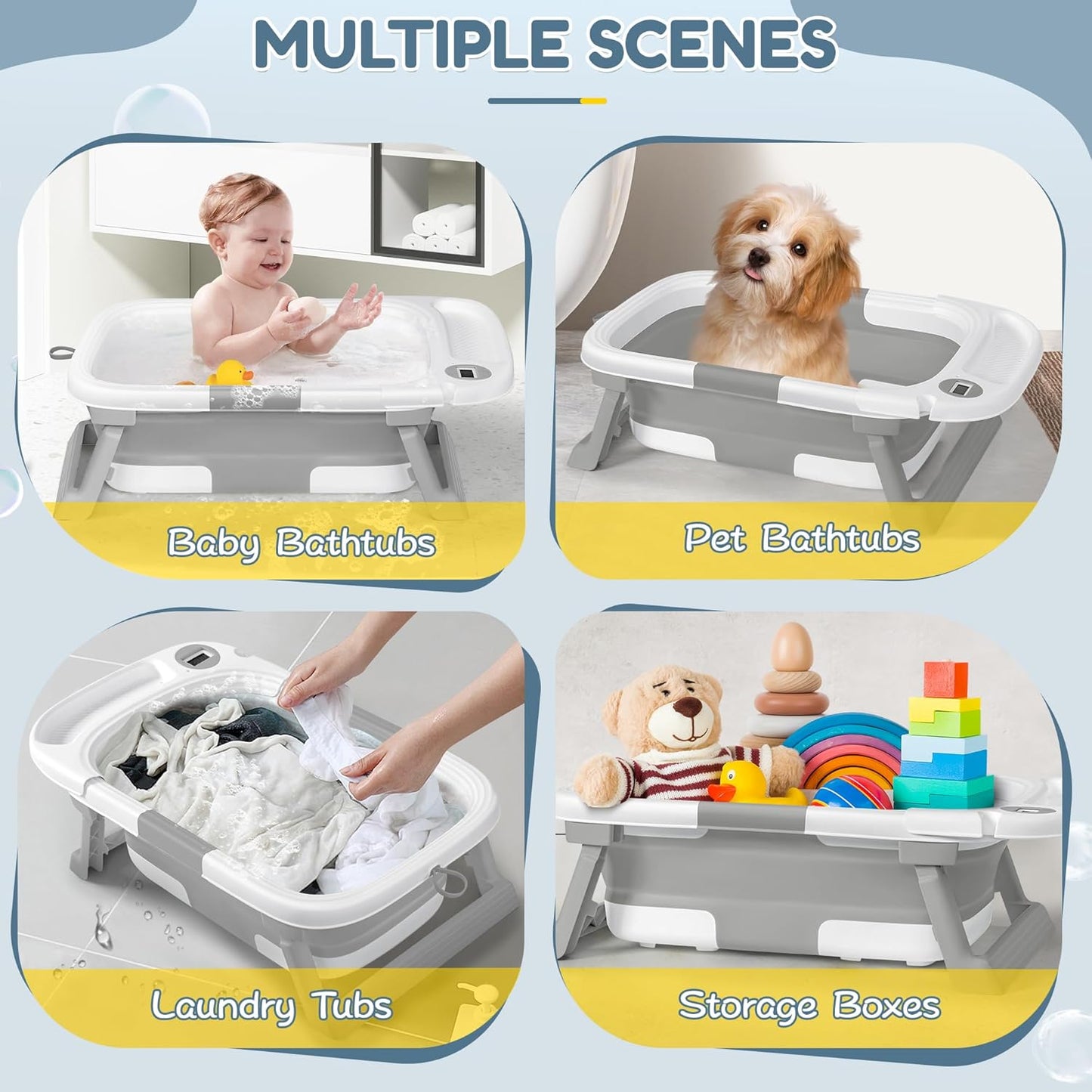 Collapsible Baby Bathtub,Baby Bath Tub with Thermometer & Soft Cushion,Baby Bathtub for Newborn to Toddler 0-36 Months,Portable Travel Baby Tub with No-Slip Feet,Baby Shower Gifts,Grey