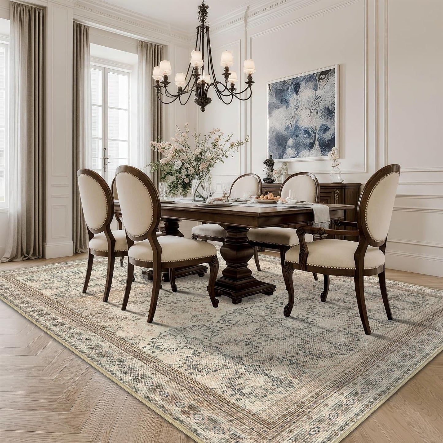 4x6 Area Rug for Bedroom Machine Washable, Non Slip Vintage Floral Kitchen Rugs for Dining Room, Rustic Indoor Floor Carpet for Nursery, Farmhouse, Office Classroom Beige/Pink/Orange