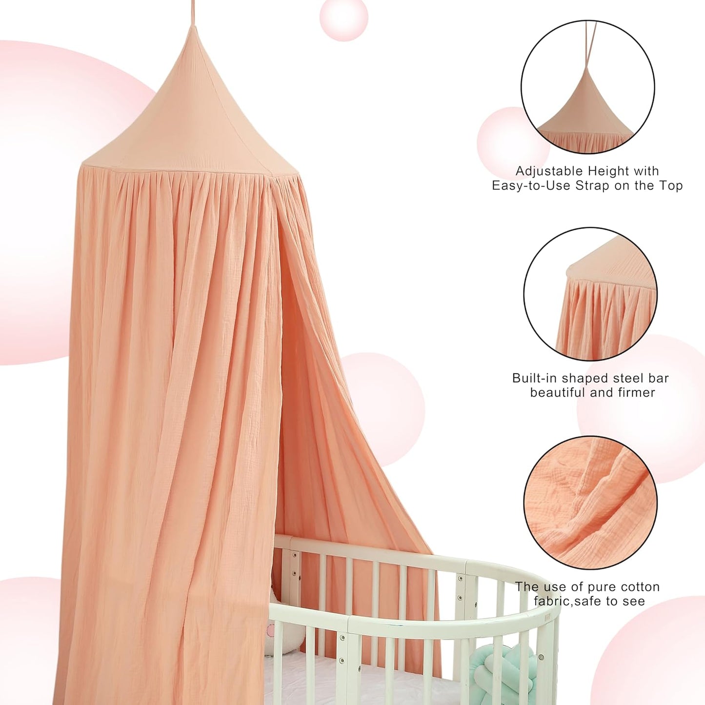 Cotton Kids Bed Canopy, Nursery Room Baby Crib Hanging Curtain Mosquito Net Hideaway Bedding Children Reading Nook Decoration, Pastel Neutral Color for Boys & Girls (Khaki)