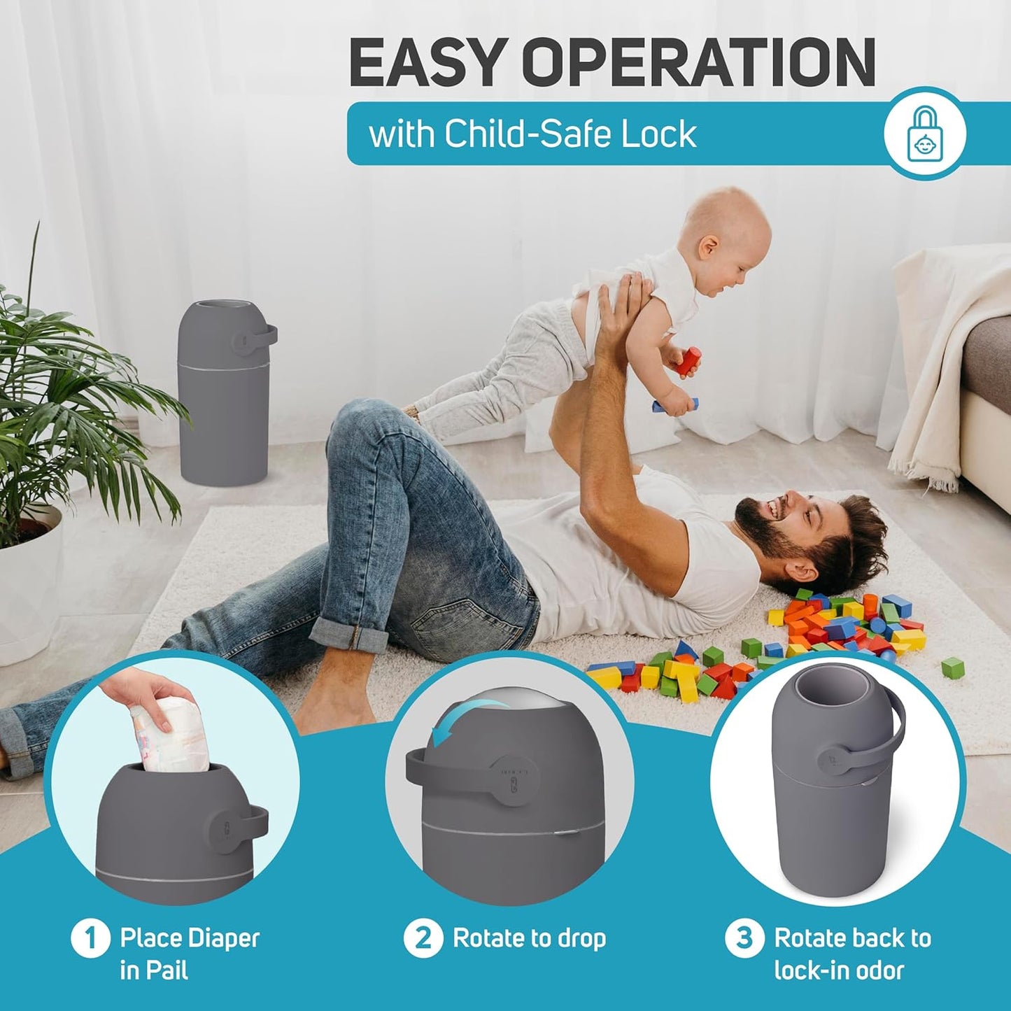 L.A. Baby Magic Diaper Pail - Patented 100% Odor-Free System with Child-Safe Lock - Award-Winning Design - No Refills Required - Works with Regular Trash Bags - Gray