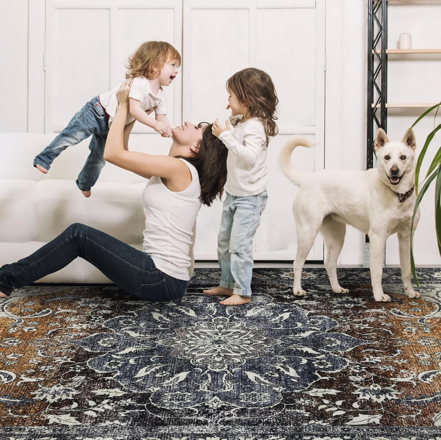 Washable 6x9 Area Rug for Living Room, Carpet for Bedroom Dining Room, Non Slip&Non-Shedding Resistant Low Pile Vintage Print Rug for Home Office (Tan/Gray)