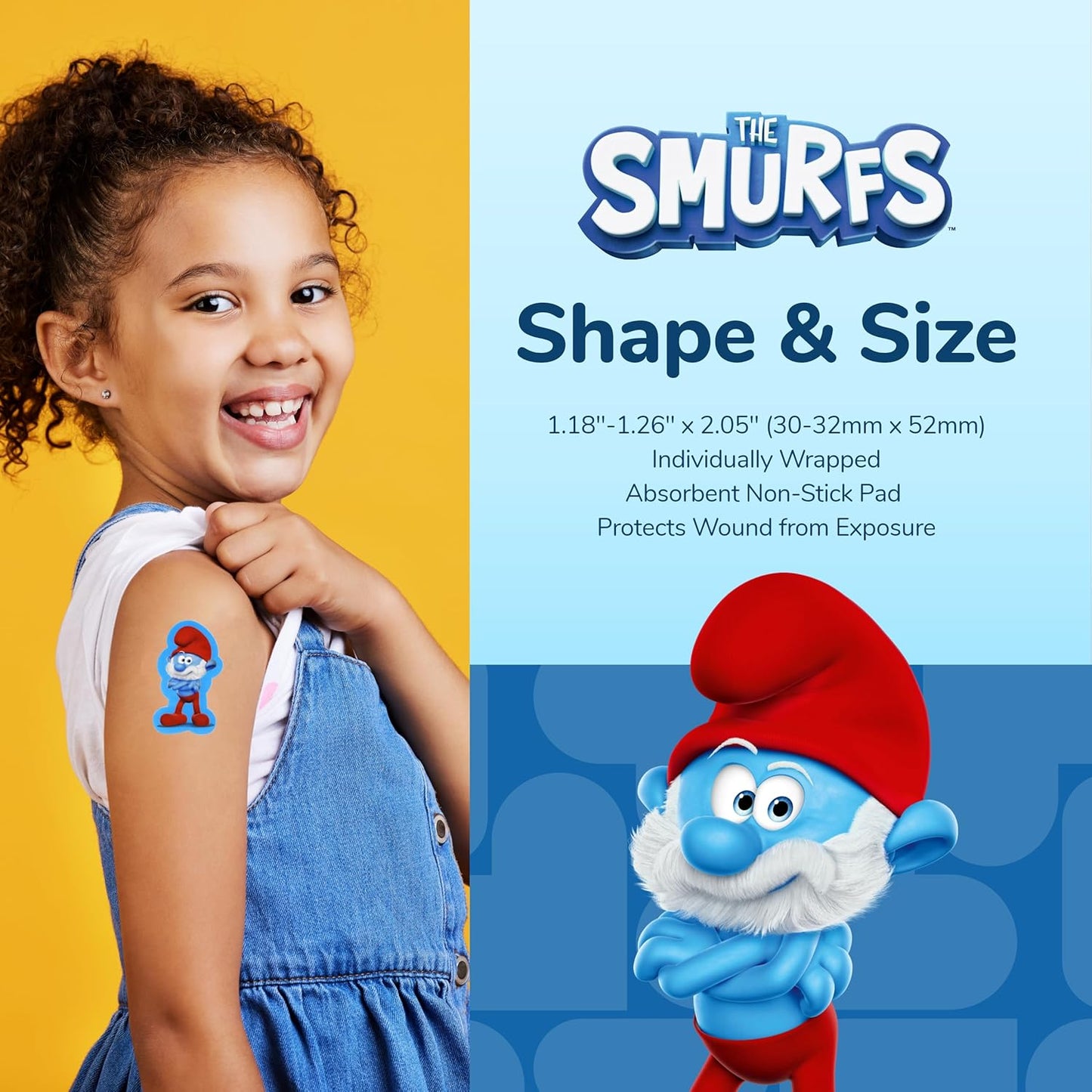 BioSwiss Bandages, The Smurfs Shaped Self Adhesive Bandage, Latex Free Sterile Wound Care, Fun First Aid Kit Supplies for Kids and Adults, 100 Count Box