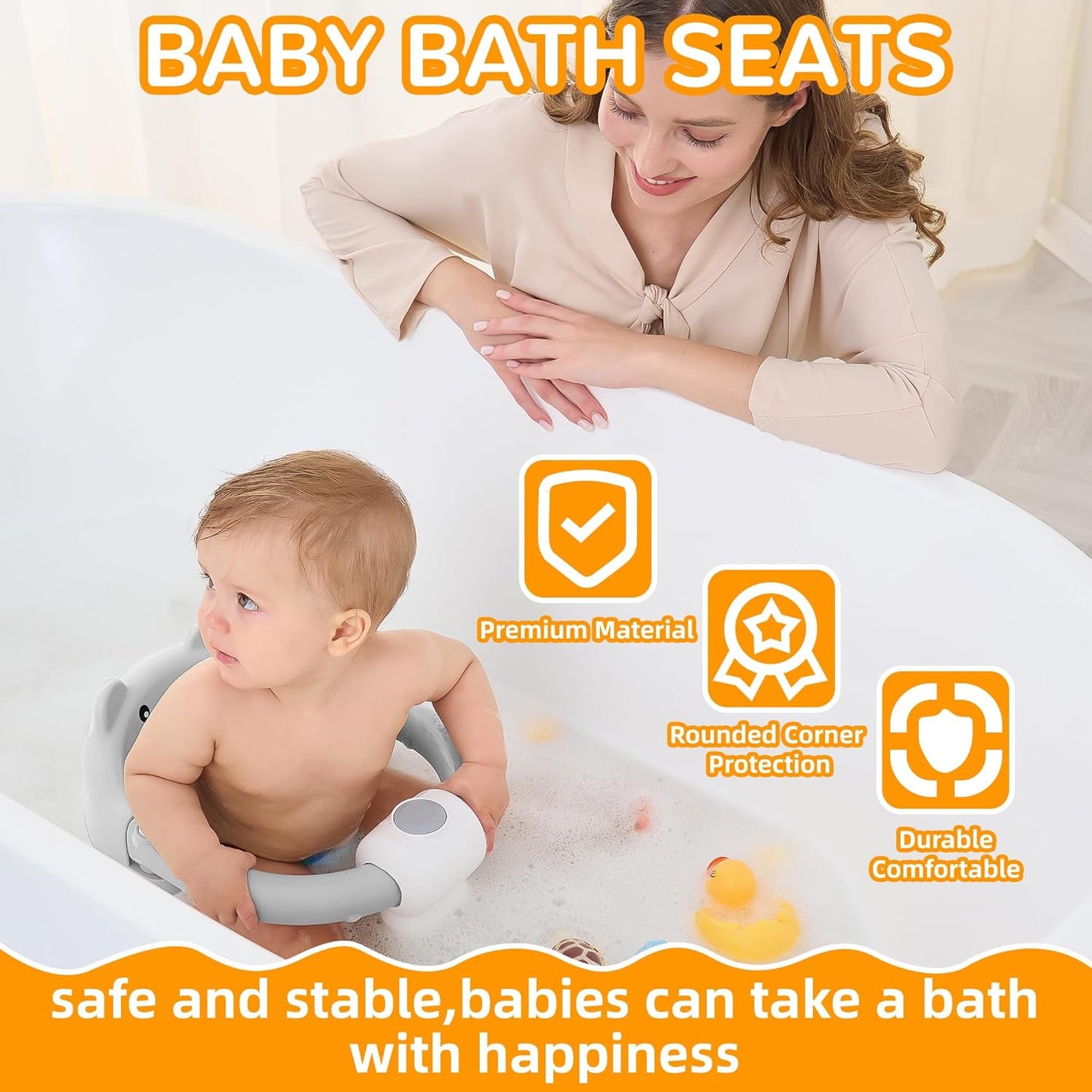 Baby Bath Seat for Babies 6 Months & up, Non-Slip Toddler Bath Seats for Babies Sitting Up, Safe Infant & Newborn Bathtub Chair with 4 Suction Cups & Soft Cushion for Shower,Gray