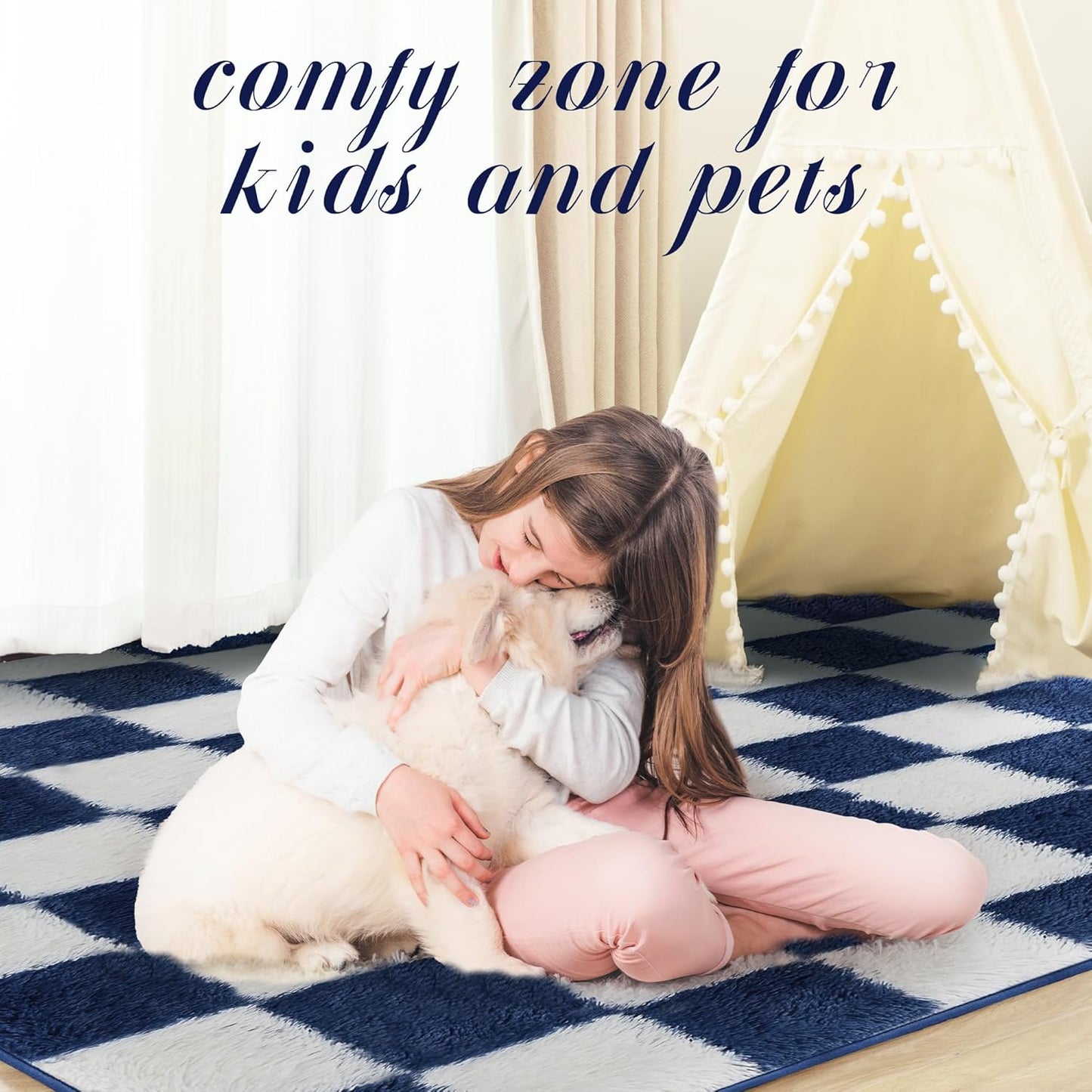 Super Soft Rug for Bedroom, 4x6 ft Blue and White Area Rug Classic Checkered Shaggy Anti-Skid High Pile Soft Fluffy Rug Fuzzy Carpet for Living Room Bedroom Kids Room Nursery, Dorm