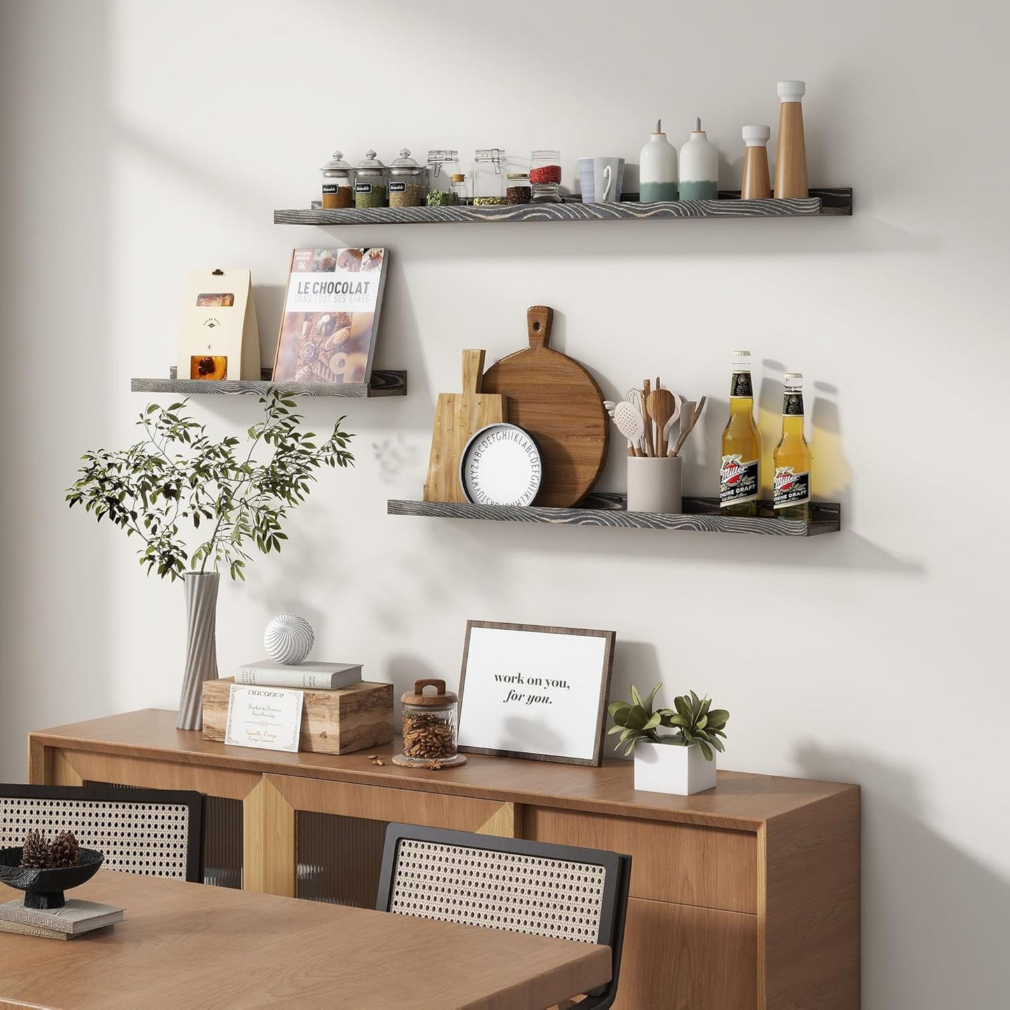 Picture Ledge Wall Shelves 16 inches Width Set of 3, Solid Pine Wood Rustic Floating Ledge Shelves for Wall for Kids' Room Bedroom Kitchen Bathroom Living Room Nursery Display Decor, Grey