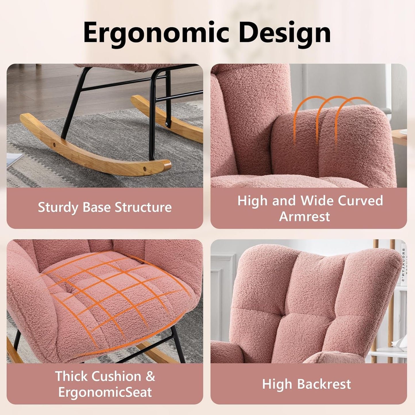 NIOIIKIT Nursery Rocking Chair Teddy Upholstered Glider Rocker Rocking Accent Chair Padded Seat with High Backrest Armchair Comfy Side Chair for Living Room Bedroom Offices (Pink Teddy)