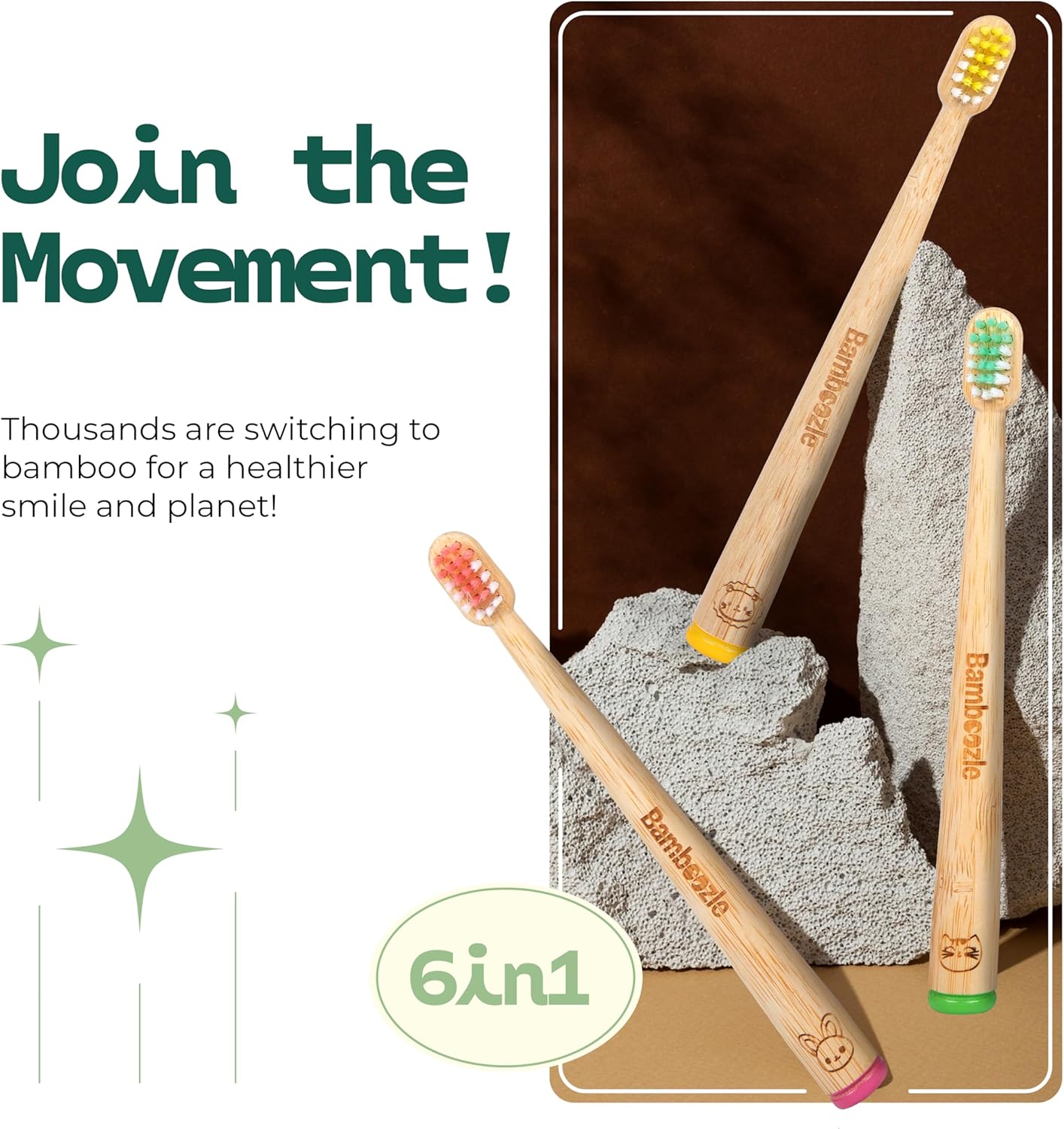 Bamboozle Eco-Friendly Animal Toothbrushes for Kids - Sustainable Bamboo Design, Biodegradable & Stylish Oral Care Solution, Animal Design, Pack of 6