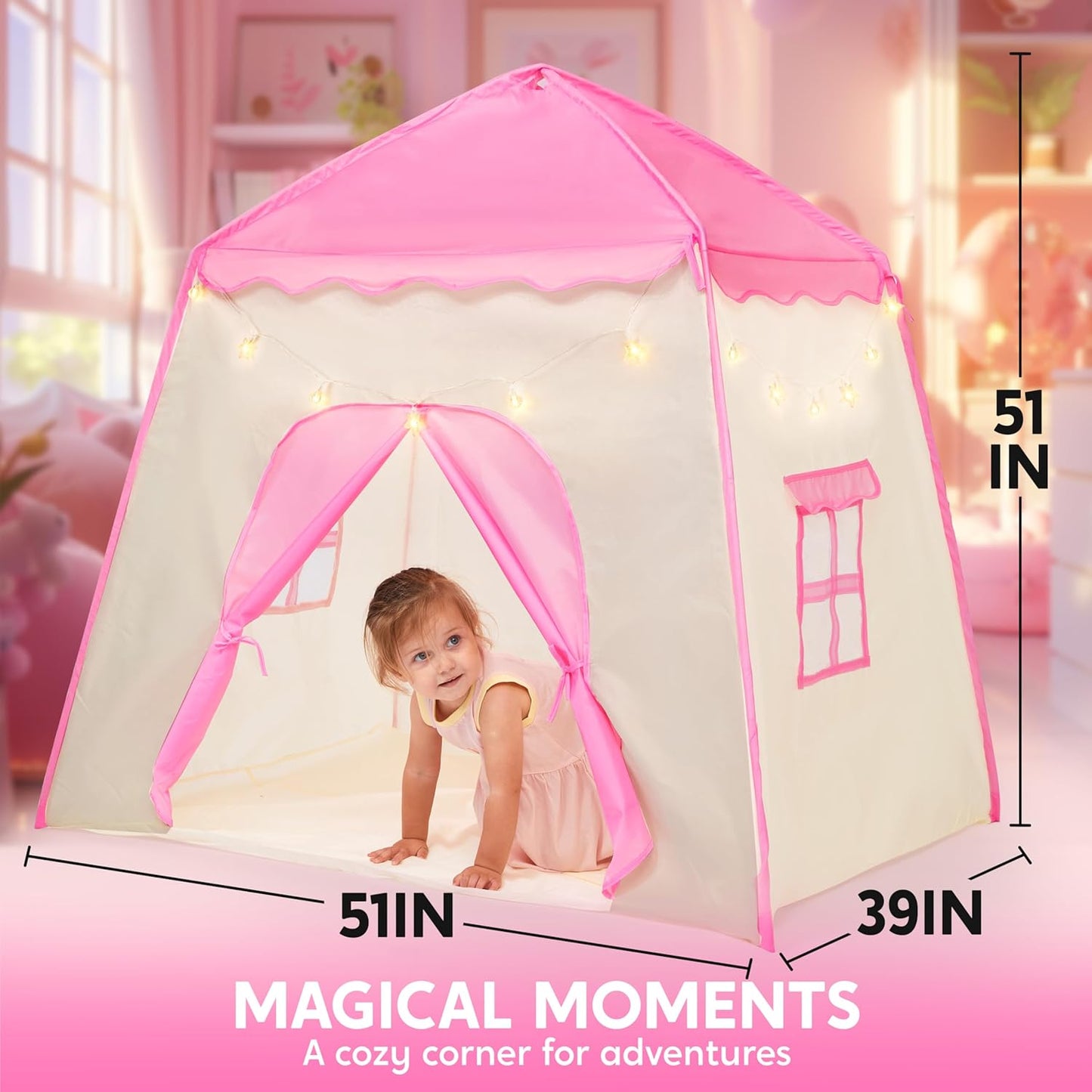 JOYIN Pink Princess Tent for Girls with LED Star Lights-Indoor & Outdoor Large Playhouse Kids Castle Play Tent for Children Indoor and Outdoor Games