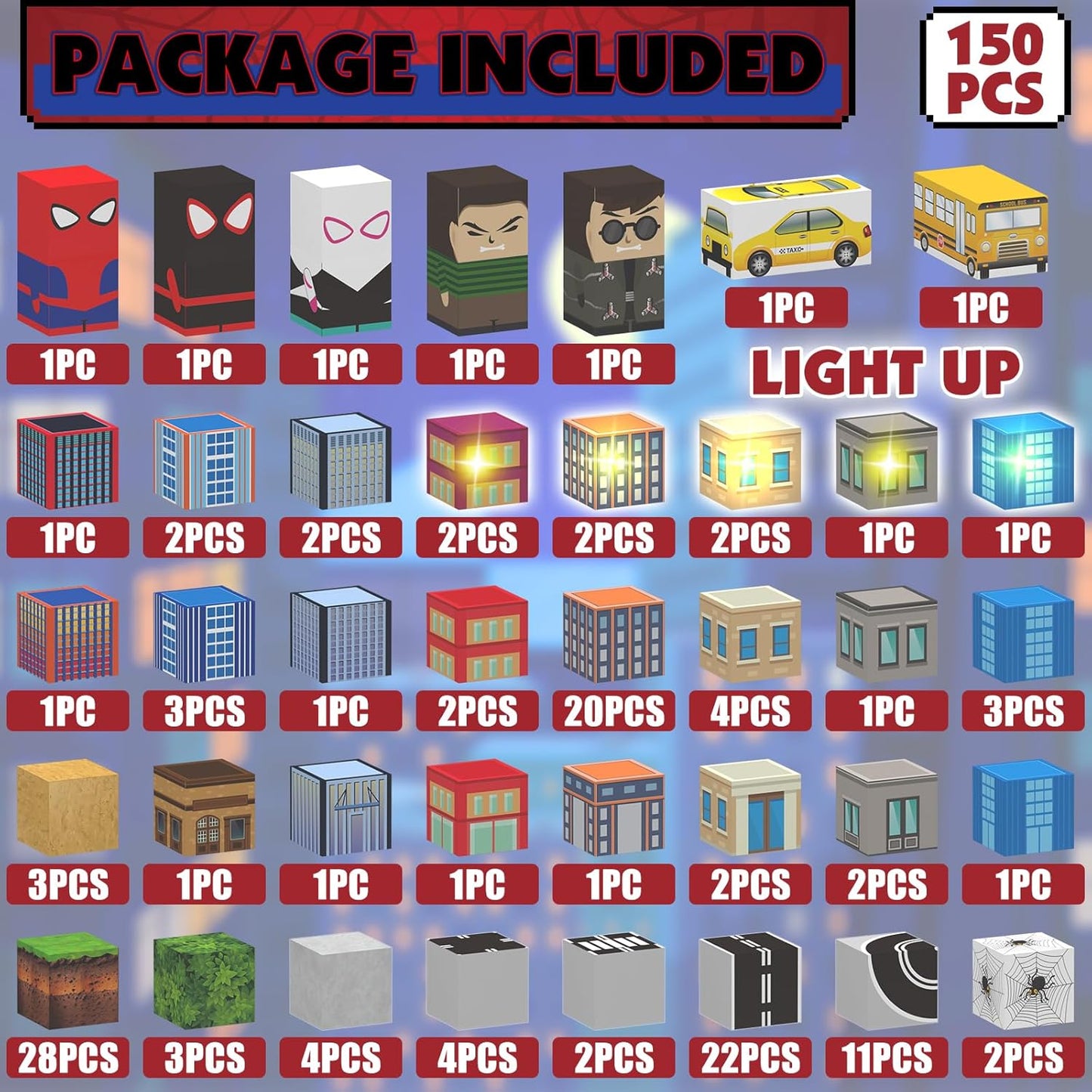 150 PCS Magnetic Blocks Building Toys Set, Spider Toys Light Up Magnetic Building Blocks for Boys Girls Ages 3+, 1 Inch Magnet Cubes STEM Sensory Construction Toy City Themes