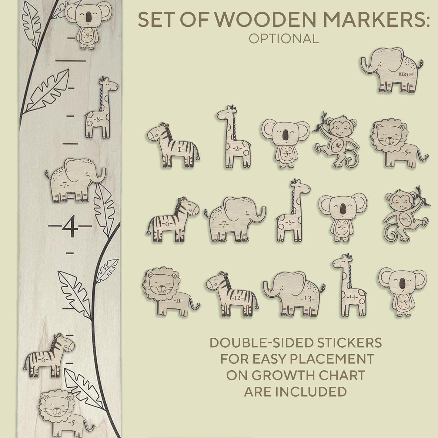 Personalized Jungle Growth Chart Wood - Engraved Growing Ruler Chart for Kids, Children Measuring Height Chart Baby Boy, Large Measuring Board Wooden, Animals Growing Wall Measurement, 2 Sizes