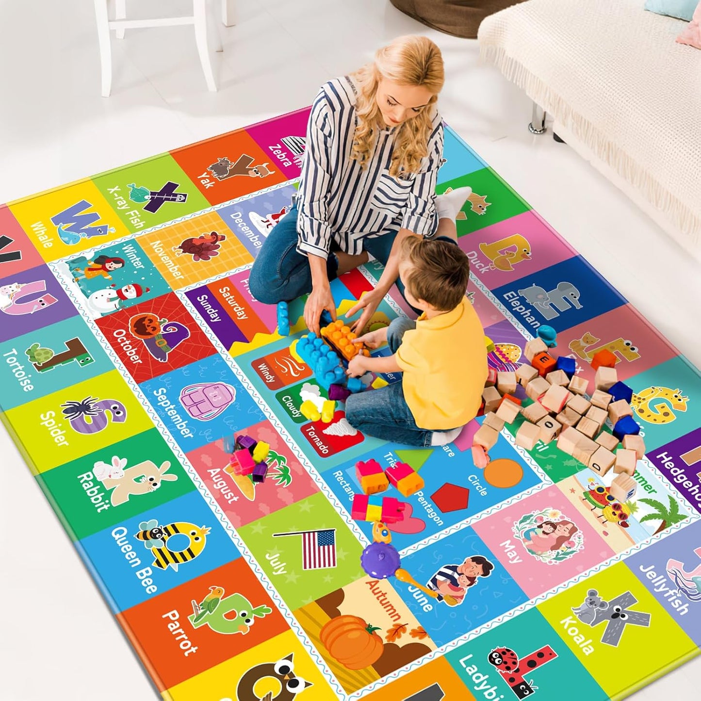 Kids Rug for Playroom, Kids Baby Playmat with Alphabet, Month, Weather, Week and Shapes ABC Educational Rug, Play Mat Carpet for Bedroom Classroom (110.2X78.7 INCH, Weather)