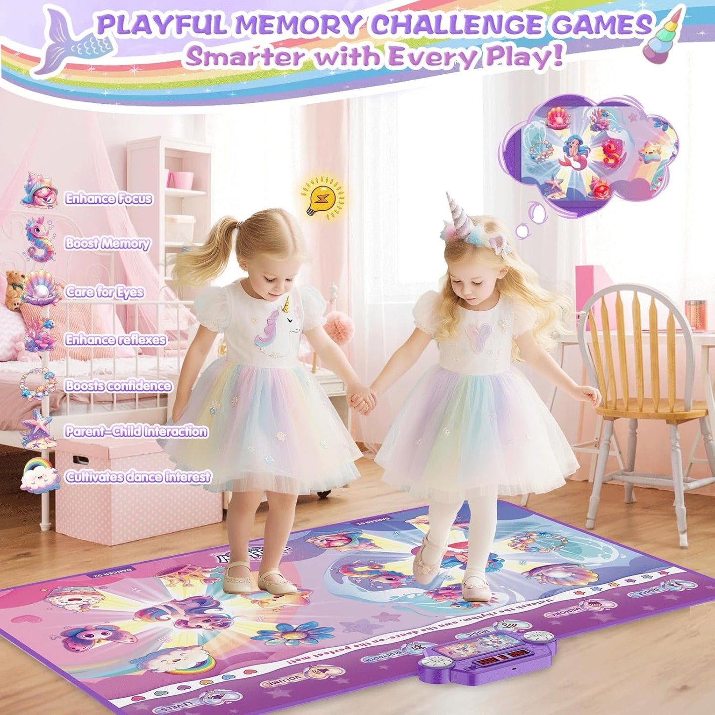 New Mermaid&Unicorn Dance Pad with 2-Players for Kids, Light-up Dancing Mat with Wireless Bluetooth, Birthday for 3 4 5 6 7 8 Year Old Girls Toddlers