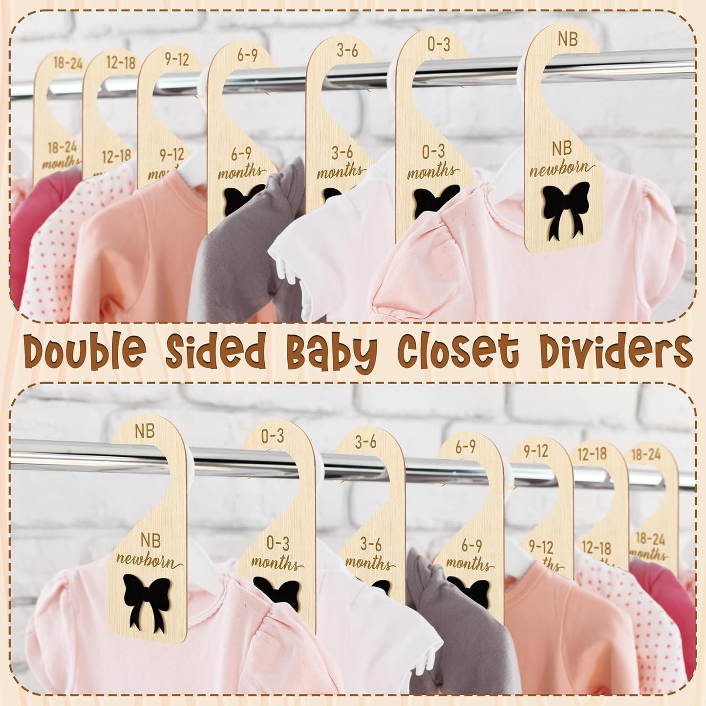 R HORSE Wooden Baby Closet Dividers - 8Pcs Double-Sided 3D Black Bow Baby Closet Organizer Newborn Clothes Size Hanger Dividers Nursery Decor Baby Shower Birthday Gift for Boy Girl (0-24 Months)