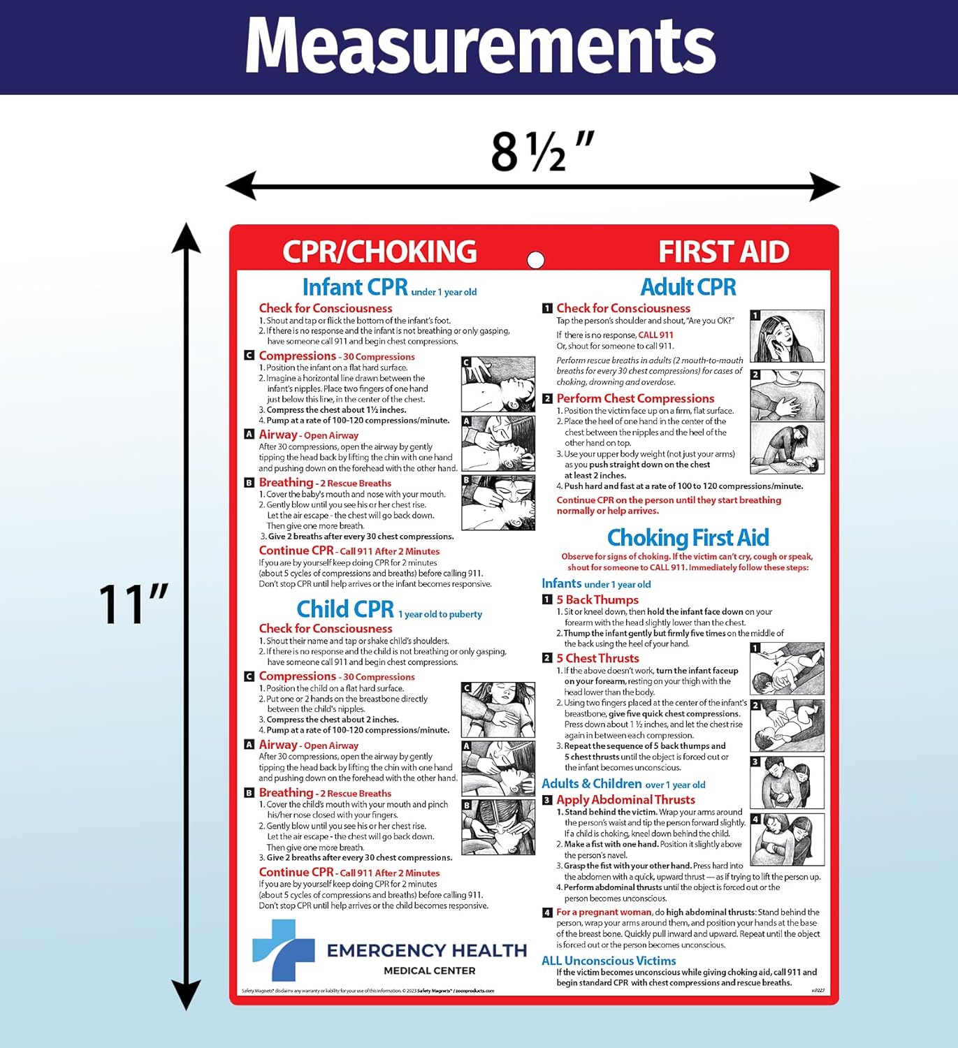 Safety Magnets by ZOCO – 100-Pack Custom CPR & Choking First Aid Magnet – 8.5"x11" Laminated Cards – Personalized with Logo – Branded Safety Handout for Offices, Caregivers & Healthcare