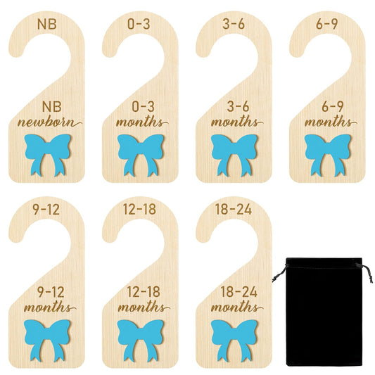 R HORSE Wooden Baby Closet Dividers - 3D Coquette Blue Bow Baby Closet Organizer, 8Pcs Double-Sided Newborn Clothes Size Hanger Dividers, Nursery Decor Birthday Gift for Boy Girl (0-24 Months)