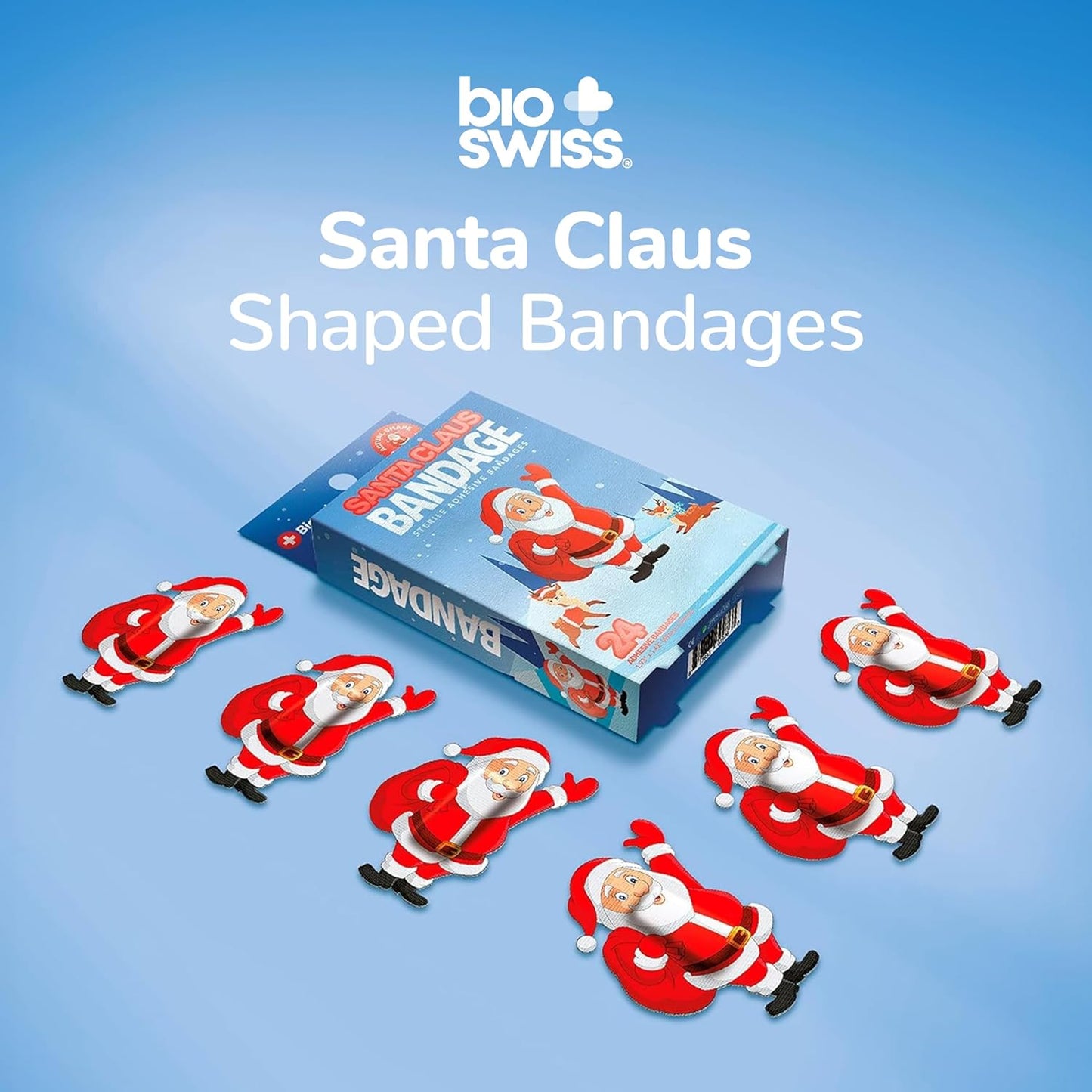 BioSwiss Bandages, Santa Claus Shaped Self Adhesive Bandage, Latex Free Sterile Wound Care, Fun First Aid Kit Supplies for Kids, 24 Count