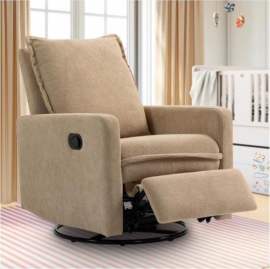 Swivel Rocking Recliner Chair for Nursery, Upholstered Glider Rocker Recliner, Swivel Reclining Chair for Nursery Living Room Bedroom, Camel Short Plush