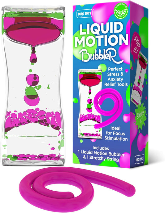 Liquid Motion Bubbler Sensory Toys – 2 Pc Set Bundle Stretchy String Fidget Toys Timer for Stress Relief and Anxiety Relief, Water Oil Toy for Hyperactivity Relaxation figit Fuchsia
