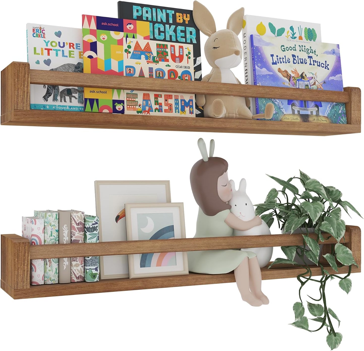 Heimlove 32 Inch Nursery Floating Shelves, Nursery Book Shelves for Wall, Wall Bookshelf for Kids Solid Wood Wall Mounted Shelves for Books,Toys and Decor Storage, Set of 2