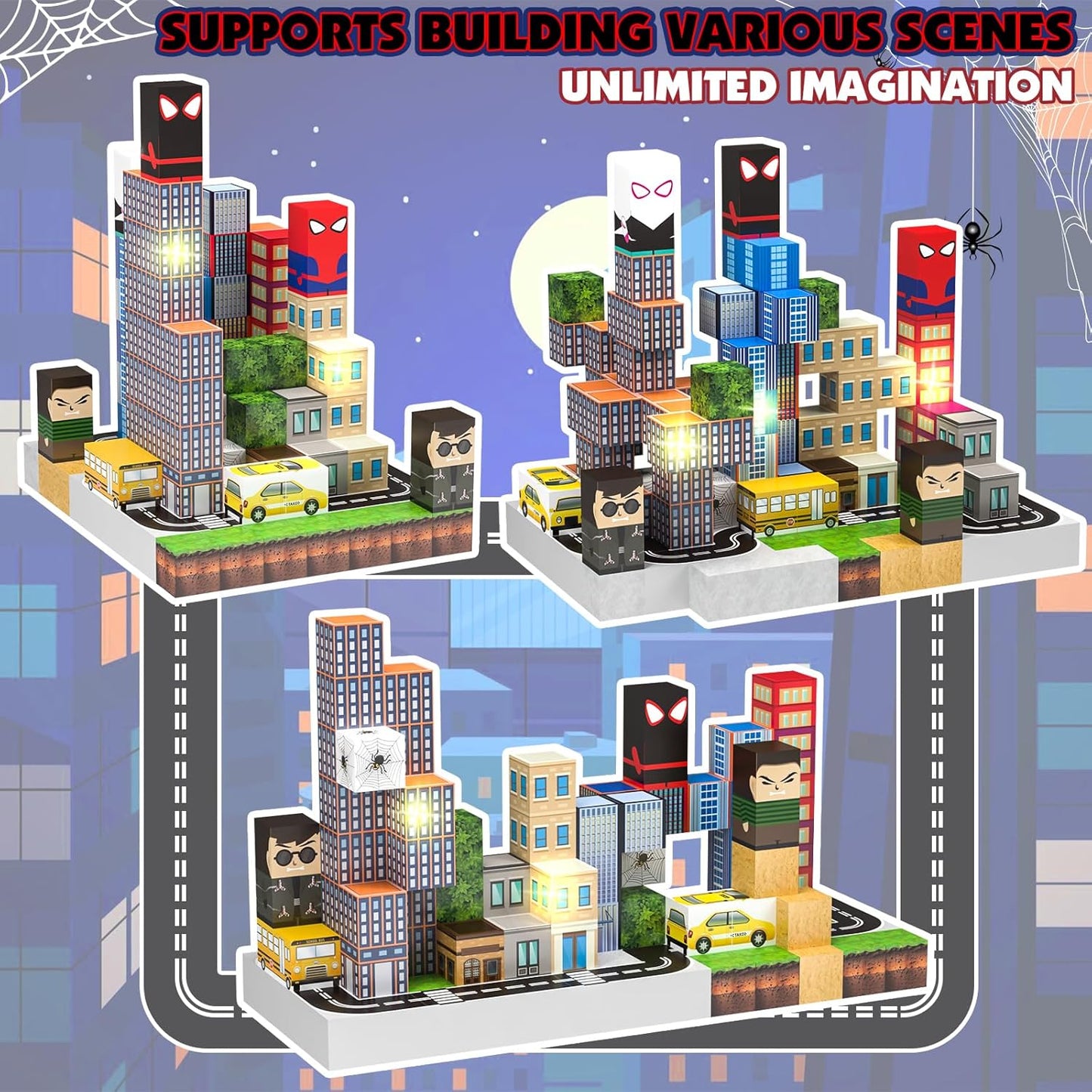 150 PCS Magnetic Blocks Building Toys Set, Spider Toys Light Up Magnetic Building Blocks for Boys Girls Ages 3+, 1 Inch Magnet Cubes STEM Sensory Construction Toy City Themes